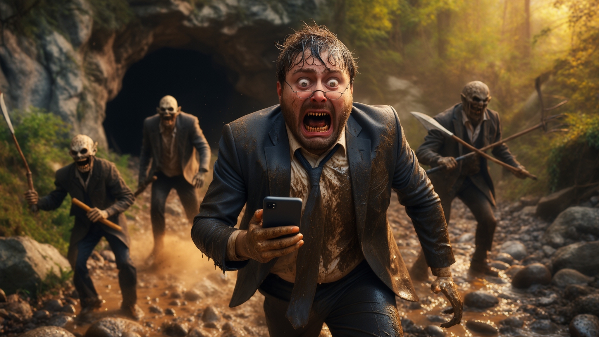 AI Image Generated by Luma Photon: Photorealistic cinematic photograph, intense dynamic motion blur, chaotic Stone Age chase scene. Garik Kharlamov with a chubby face and glasses, **sweating, his face contorted in terror**, a disheveled businessman in a muddy, torn modern suit, desperately clutches a cracked smartphone, **his eyes wide with panic**, fleeing through a rocky, overgrown forest from three menacing European primitive tribesmen with crude spears and clubs.  **The entrance to a dark, damp cave looms in the background, partially obscured by dense foliage.**  Warm, directional golden-hour light **casts long, dramatic shadows, highlighting the texture of the rocks and the dust kicked up by their feet.**  Shot with an anamorphic lens, **shallow depth of field (f/1.8), focusing on Kharlamov's face, with the background slightly blurred.**  **Captured on a high-resolution medium format camera (e.g., Hasselblad),** 8K resolution, **detailed skin texture, visible strands of Kharlamov's hair flying in the wind, realistic rendering of sweat and dirt.**