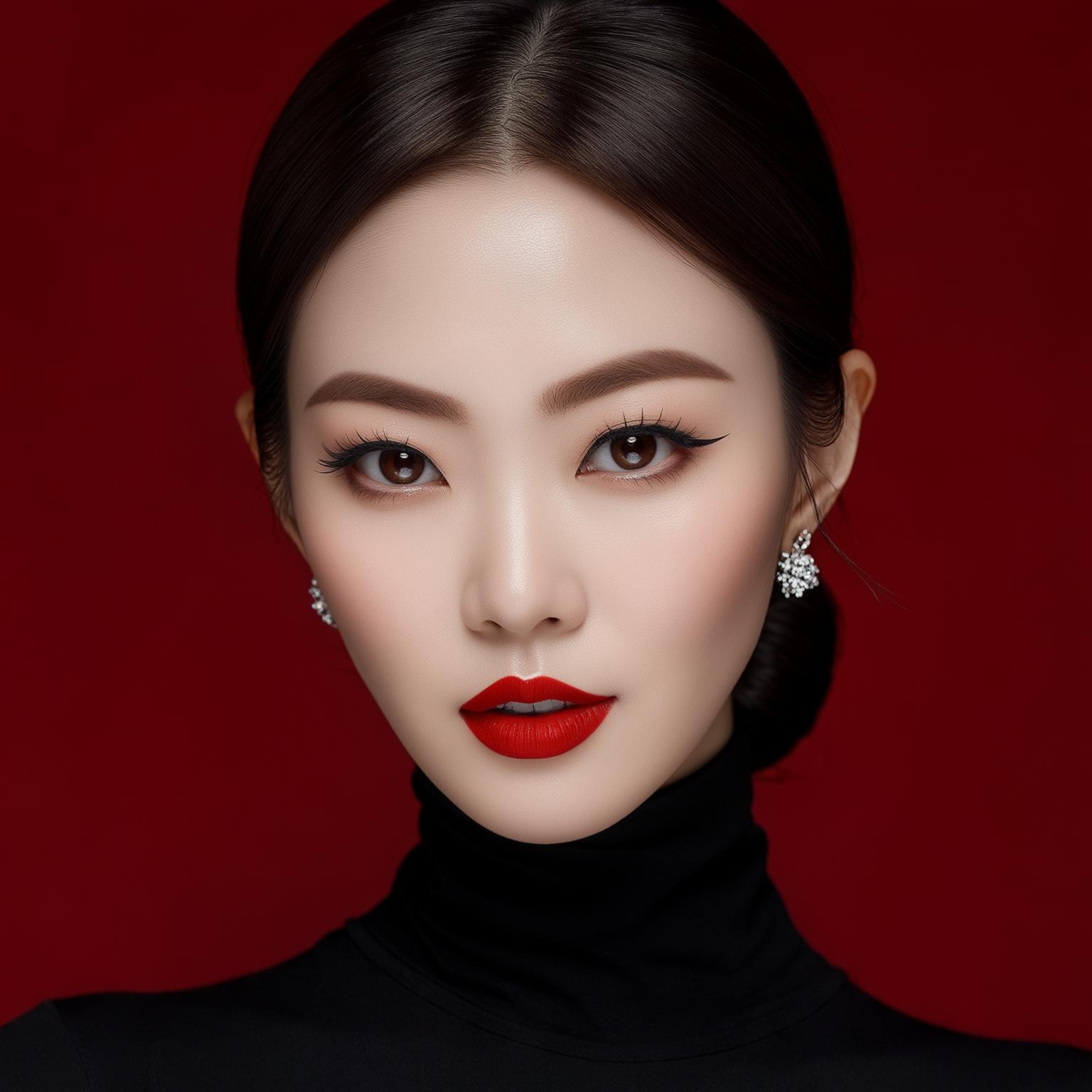 AI Image Generated by Luma Photon: "A stunning East Asian woman with a sophisticated and confident expression, looking directly at the camera. She has a flawless, porcelain complexion with a subtle glow, well-defined arched eyebrows, and deep, expressive eyes enhanced by elegant eyeliner and long lashes. Her lips are painted with a bold red color, perfectly matching the deep red background. She is wearing a sleek black turtleneck, adding to her elegant and refined appearance. Her dark brown hair is neatly pulled back into a low bun or tight hairstyle, emphasizing her high cheekbones and sharp jawline. She is accessorized with delicate, sparkling earrings. The lighting is soft and evenly distributed, highlighting her features with a smooth, professional studio-like finish. The overall atmosphere is luxurious, bold, and stylish."