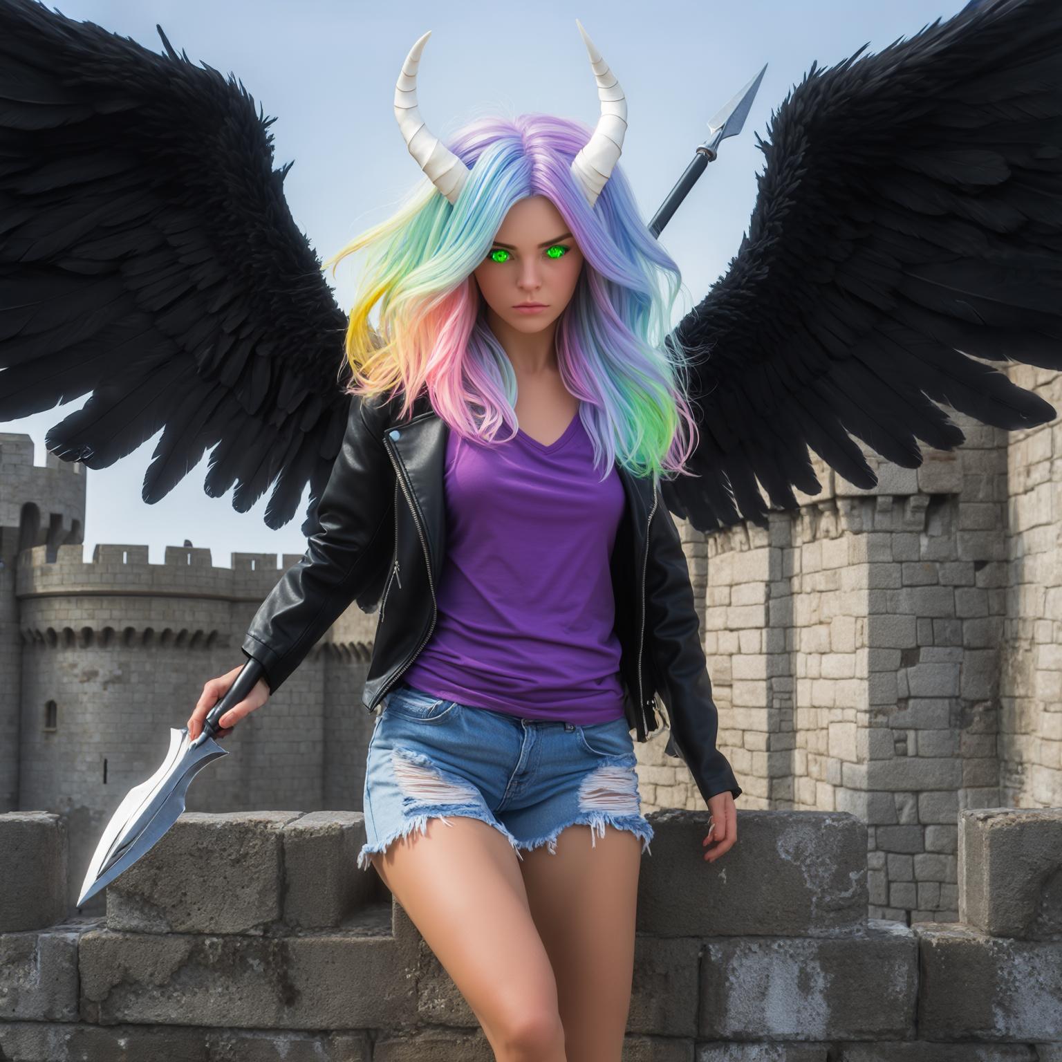 AI Image Generated by Luma Photon: A beautiful woman with emerald green eyes stands in a defensive stance atop a grey stone castle wall, gripping a metal spear with her right hand. Her head features two white curved horns protruding through her shoulder-length hair, which displays a smooth gradient transition from pastel blue to purple, pink, green, and yellow. Large black feathered wings extend from her back, spanning twice her height. She wears distressed denim shorts, a solid purple t-shirt, and an open black leather jacket. The medieval castle wall beneath her feet features weathered stone blocks and crenellated battlements against a clear sky. High-contrast digital art with sharp details and smooth color transitions against natural lighting.