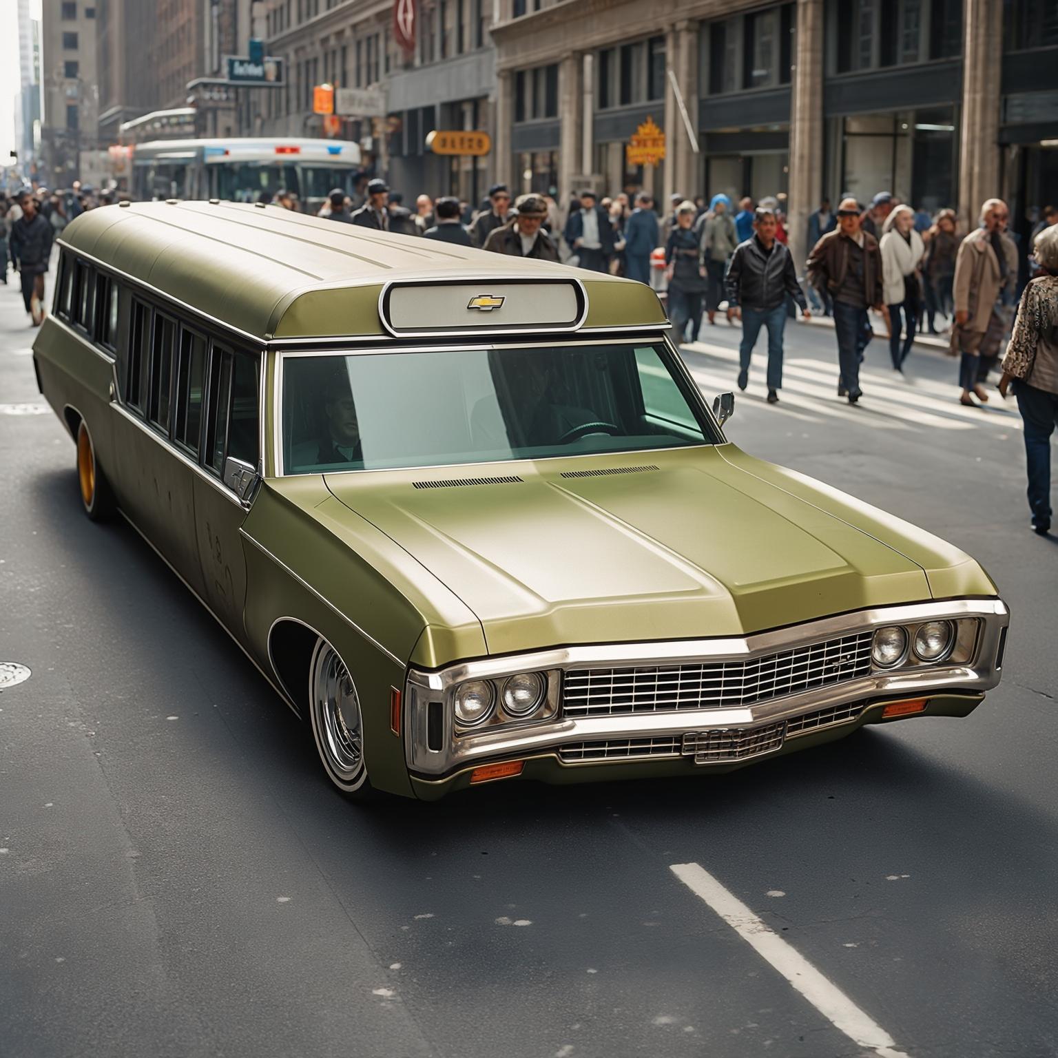 AI Image Generated by Luma Photon: Chevrolet Impala 1969 city bus version, Including the entire body