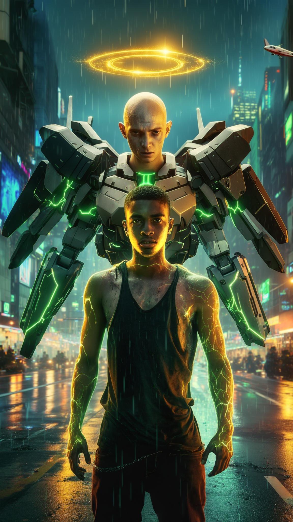 AI Image Generated by Luma Photon: A cinematic 45-degree shot captures a bald Dominican young man standing in the neon-lit streets of a sprawling futuristic cityscape, his battle-worn face illuminated by the golden glow of a floating halo above his head. Rain drizzles onto the slick pavement, reflecting the pulsing neon skyline as distant patrol ships weave through the sky. His cybernetic arms crackle with surging electricity, energy coursing like a living storm through his metallic veins. Massive Gundam-style mecha wings remain folded behind him, their sleek black alloy and neon green energy pulsating in anticipation. Slowly, he raises his arm forward, fingers curling into a precise form as raw power gathers at his palm. The atmosphere shifts—lights flicker, the air hums, and the ground trembles with the charge. The camera tightens on his face, revealing a sharp, unwavering gaze as a brilliant energy sphere condenses at his fingertips. Then, in a single, explosive motion, he unleashes a blinding energy blast skyward. The shot follows the beam’s trajectory as it cuts through the rain, illuminating the darkened skyline with an electric-blue glow. The enemy ship above attempts to evade, but the impact is inevitable—an eruption of fire and debris engulfs the sky, shockwaves rippling through the towering skyscrapers. His silhouette stands firm against the backdrop of destruction, the faint crackle of residual energy still flickering around his outstretched arm. The city hums with tension, bathed in the aftermath of his raw power, rendered in hyper-realistic 8K with Unreal Engine-quality visuals.
