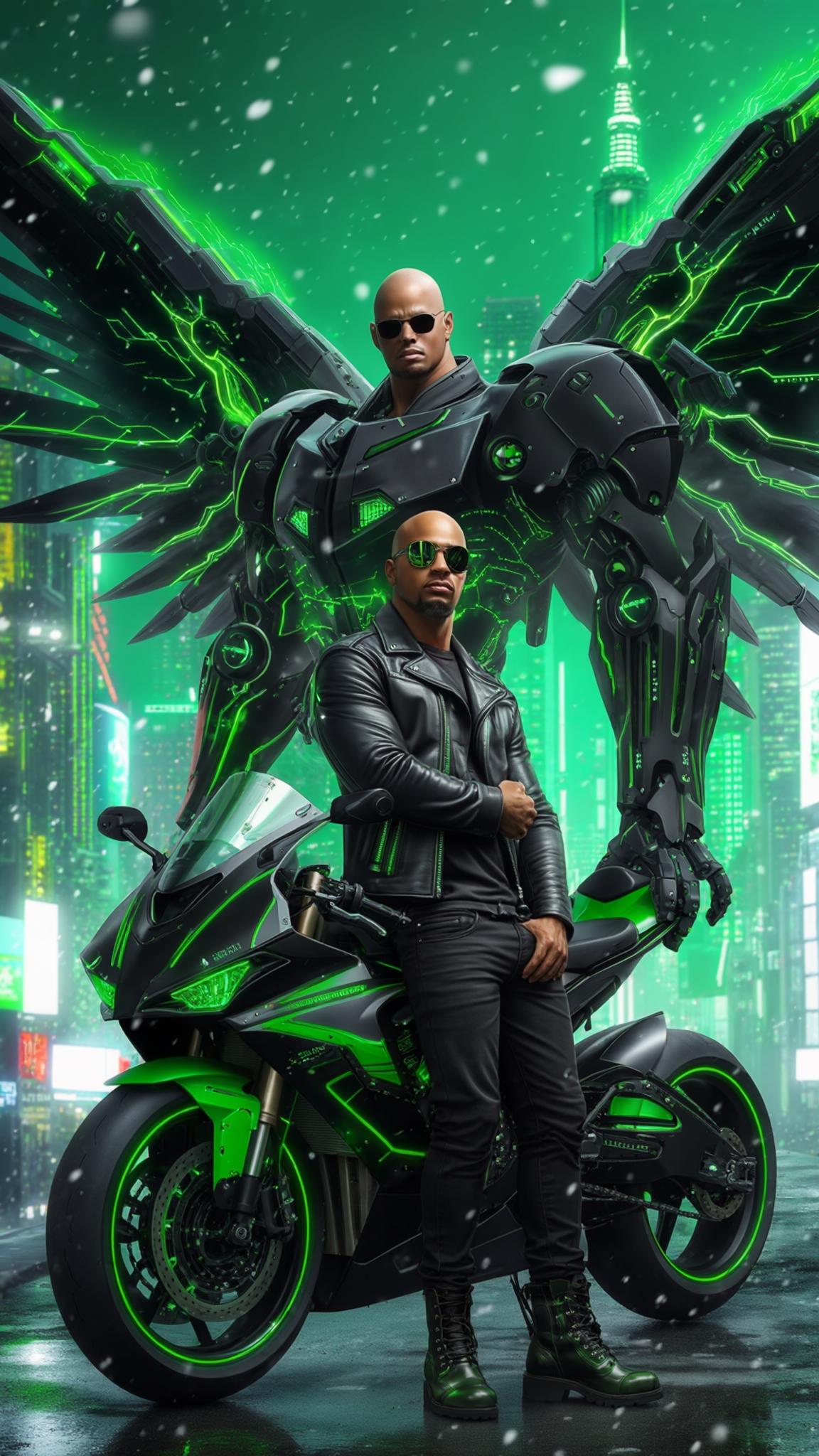 AI Image Generated by Luma Photon: A bald Dominican young man stands in the heart of a futuristic city, snowflakes drifting through the neon-lit skyline. Towering skyscrapers pulse with cybernetic energy, their holographic billboards flickering against a deep green sky. He wears a sleek black leather jacket, fitted black jeans, and heavy boots, his stance unwavering against the pre-dawn breeze. His polished sunglasses reflect the distant shimmer of patrol ships hovering above the metropolis.

Behind him, his massive cybernetic mecha wings are fully expanded—sleek black with vibrant green energy lines coursing through intricate mechanical joints. The wings pulse with raw power, their edges sharp and aerodynamic, humming with kinetic energy as arcs of white electricity crackle and dance across their surface.

He casually leans against his black-and-green mecha motorcycle, its aerodynamic frame glowing faintly with embedded circuitry. The camera captures him from a dramatic 45-degree angle, accentuating his imposing presence amidst the high-tech dystopia. The snowfall catches the neon light, creating a mesmerizing blend of motion and atmosphere, while the hum of the futuristic city thrums in the distance.