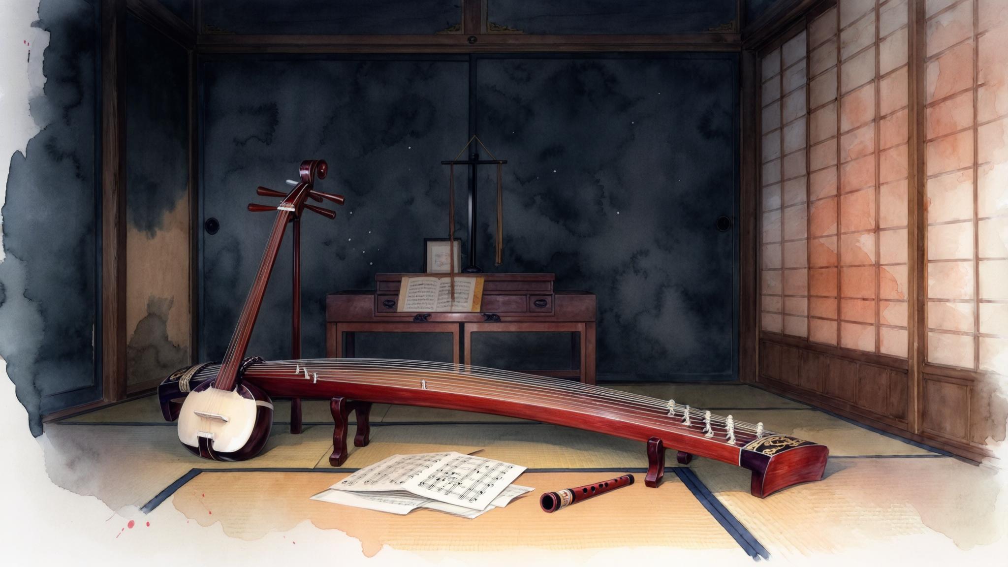 AI Image Generated by Luma Photon: Japan, second half of the 19th century. The Boshin War is underway. The Geisha school in Kyoto. View of Japanese music room where various national ancient instruments are located: shamisen, koto, shakuhachi. There are sheets of music on the floor and on music stand. Watercolor style, all objects in dark tones.  For some parts use colors: #92011A, #3D6E3E, #013857, #FFE0DF