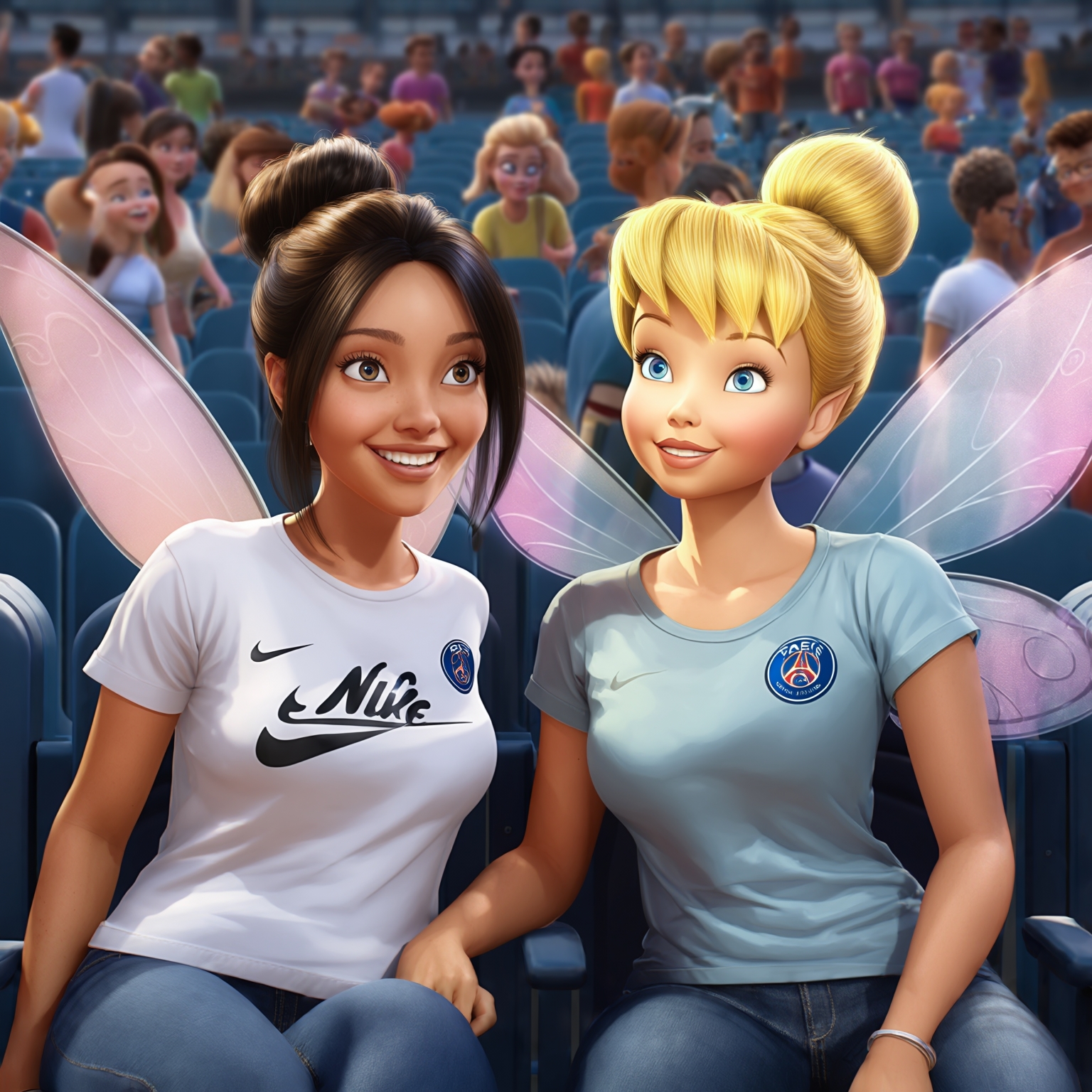 AI Image Generated by Luma Photon: Deux lesbiennes Noa Fawn en t-shirt psg Nike ET Clochette tinkerbell en t-shirt psg supporté le psg Nike avoir des places assis sur les siège styles drawing Disney cgi 