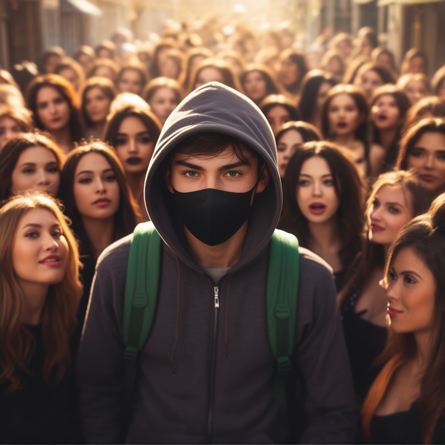 AI Image Generated by Luma Photon: young man wearing a charcoal hoodie with the hood up, a black facemask, and a green backpack surrounded by dozens of adoring beautiful women