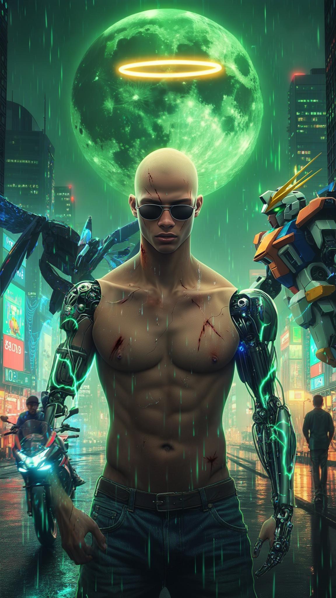 AI Image Generated by Luma Photon: A bald Dominican young man stands motionless at the heart of a sprawling futuristic cityscape, bathed in the neon glow of a cybernetic metropolis. Suspended above his head, a golden halo pulses gently, casting a celestial shimmer over his cybernetically enhanced face—deep scars etched into his skin, whispering untold battles of survival. A slow dolly shot closes in, revealing his sleek sunglasses resting low on his nose, exposing piercing, contemplative eyes locked onto his sleek, armored mecha motorcycle. Raindrops descend from the sky, sizzling upon contact with his cybernetic fingers, releasing tendrils of steam as faint arcs of blue electricity flicker across his metallic limbs. The air hums with the distant echoes of hovering patrol ships, their blinking lights scattering like stars in the glossy reflection of his open palm. Behind him, his massive Gundam-style mecha wings remain folded, pulsating with neon-green energy, their intricate mechanisms subtly shifting with each measured breath he takes. The cityscape is alive—holographic advertisements flicker across towering skyscrapers, while rain-soaked streets mirror the vibrant pulse of the skyline. The camera lingers in hyper-realistic 8K detail, capturing every rivulet of water running down his cheek, every micro-expression revealing the weight of destiny on his shoulders. Above, a massive green moon looms, its ethereal glow diffusing through the haze, casting an otherworldly ambiance over the scene. The world around him slows, as if time itself hesitates in his presence—a moment suspended between past and future, between action and inevitability.