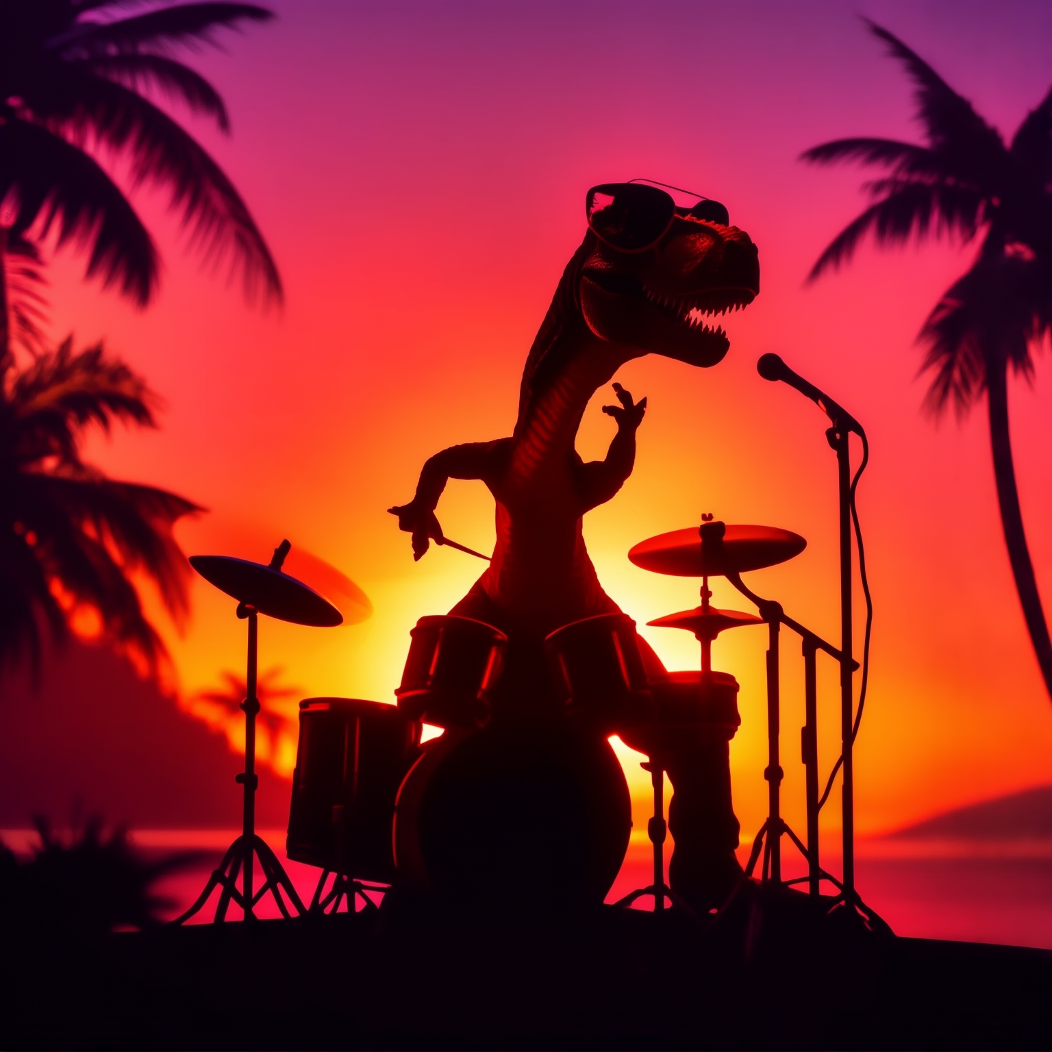 AI Image Generated by Luma Photon: t-rex wearing sunglasses and playing drums while silhouetted by a sunset in Hawaii 