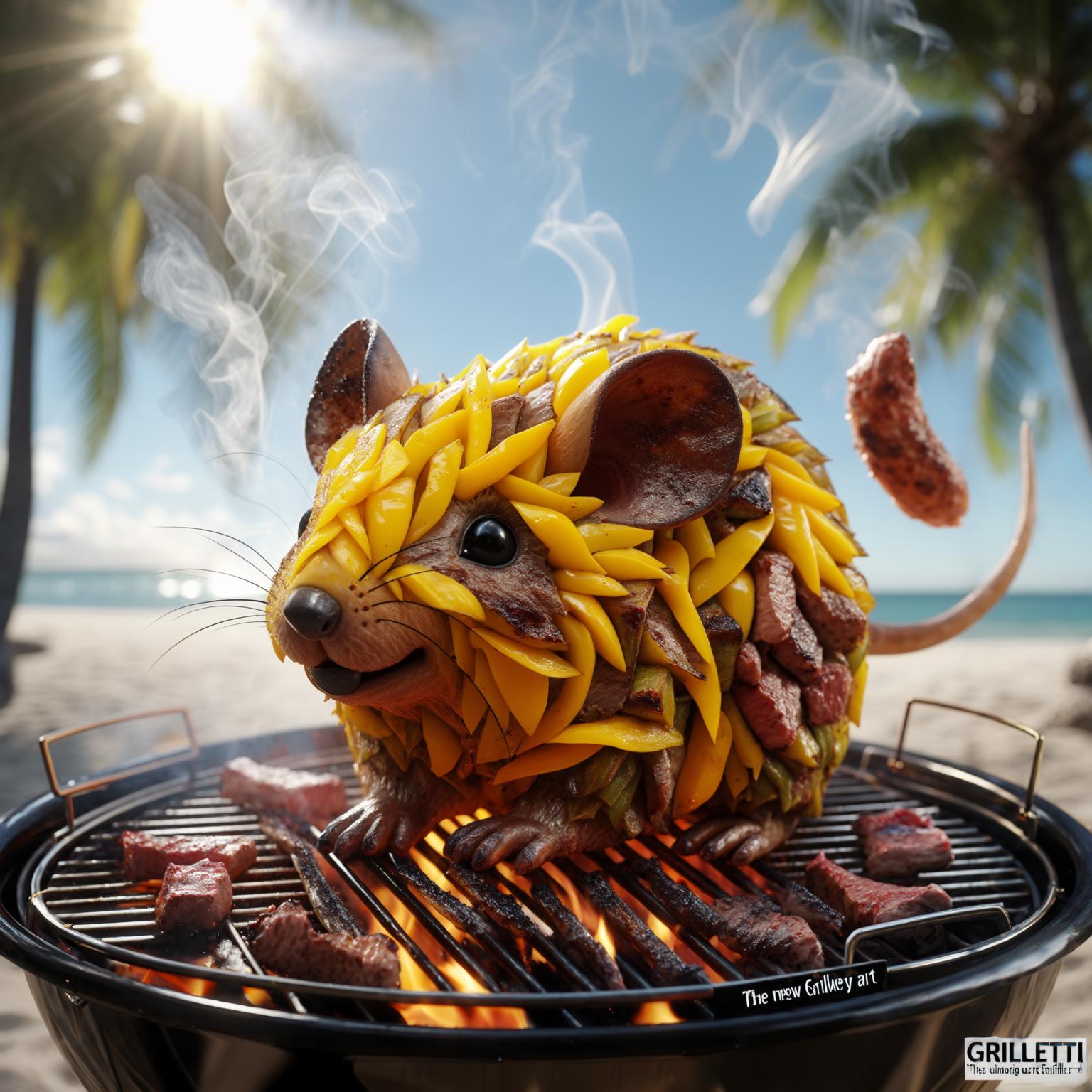 AI Image Generated by Luma Photon: A hyper-realistic 3D render of a colossal grill set on a tropical beach, featuring a breathtaking, culinary replica of Pikachu, created entirely from grilled meats and peppers. This extraordinary masterpiece is the work of GRILLETTI, an eccentric artist known for crafting detailed artwork using barbecue techniques. The large grill serves as the canvas, with vibrant yellow peppers forming Pikachu’s iconic fur, and perfectly grilled cuts of beef and pork creating the textured details of its cheeks, tail, and ears. Smoky, charred meat mimics the bold lines of Pikachu's design, while the peppers add vivid color and depth to the piece. The scene is filled with smoky tendrils rising from the grill, enhancing the artistic atmosphere. The sun shines brightly in the background, casting warm light over the enormous grill and highlighting the intricate details of GRILLETTI’s barbecue masterpiece. Add the slogan "GRILLETTI: The new Grillery art". This savory rendition of Pikachu embodies the fusion of art and culinary craftsmanship, turning a simple grill into a canvas for creativity., photo, 3d render, vibrant, comceptual art