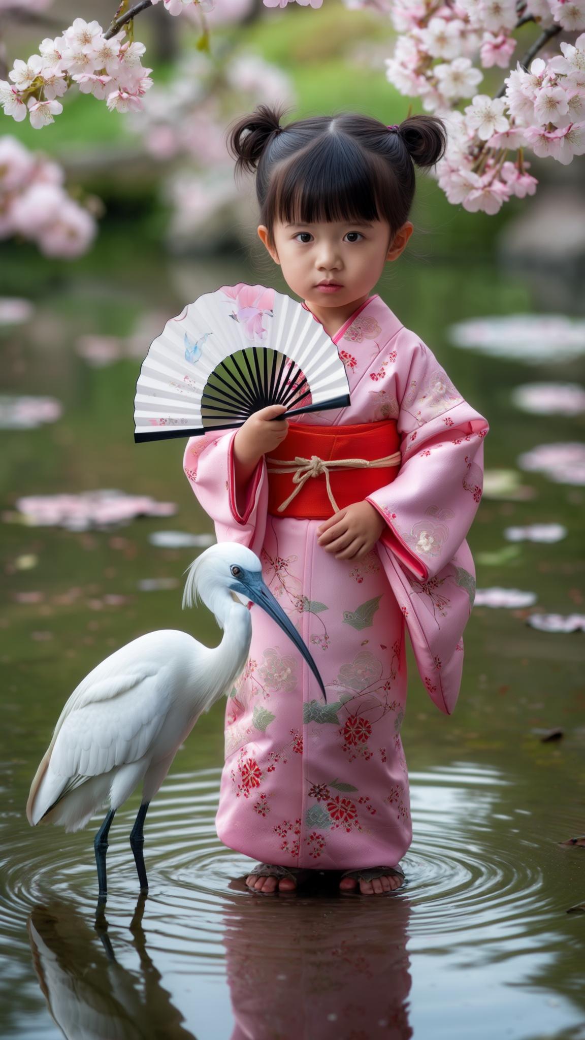 AI Image Generated by Luma Photon: 3-year-old Japanese girl in a pink kimono with floral patterns, standing near a small pond where a beautiful Nippon ibis (toki) is wading. She has dark hair styled in twin buns and holds a small paper fan