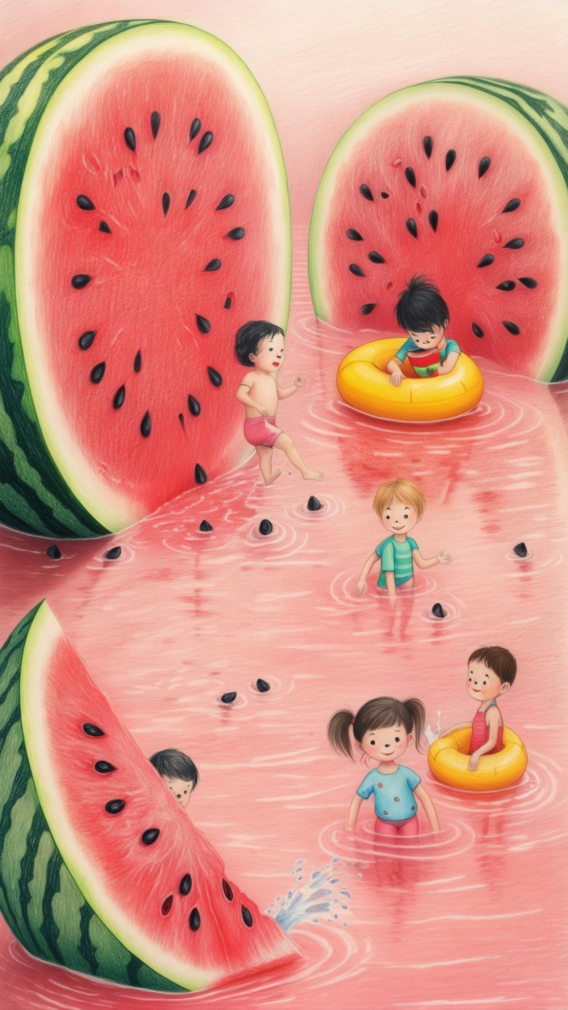 AI Image Generated by Luma Photon: A whimsical, nostalgic hand-drawn colored pencil illustration featuring a surreal yet heartwarming scene. Giant, halved watermelons float in a soft pink dreamscape, their juicy red interiors transformed into a playful world for children. The texture of the watermelon’s flesh is detailed with tiny crayon-like strokes, giving it a rich and tactile feel. The black seeds are scattered like stepping stones, and some are even stacked by the children, as if creating tiny towers.
A diverse group of kids—each with different skin tones and hair types—are joyfully interacting with their watermelon wonderland. One child runs barefoot across the surface, leaving a trail of tiny watermelon juice footprints, while another gently picks up a black seed, curiously examining it. Two children float lazily in bright yellow inner tubes, their small hands playfully splashing the fruit’s glistening surface as if it were water.
Surrounding the scene, large, deep green watermelon leaves frame the image, adding a natural enclosure that enhances the sense of immersion. The background is softly blurred with gentle pink tones, suggesting a dreamlike, endless space where imagination has no limits.
The entire illustration uses a pastel color palette, with soft, warm shading and visible colored pencil strokes, evoking the nostalgic charm of a childhood picture book. The surreal yet comforting nature of the image invites the viewer to pause, smile, and wonder—what if watermelons could truly become islands of joy?