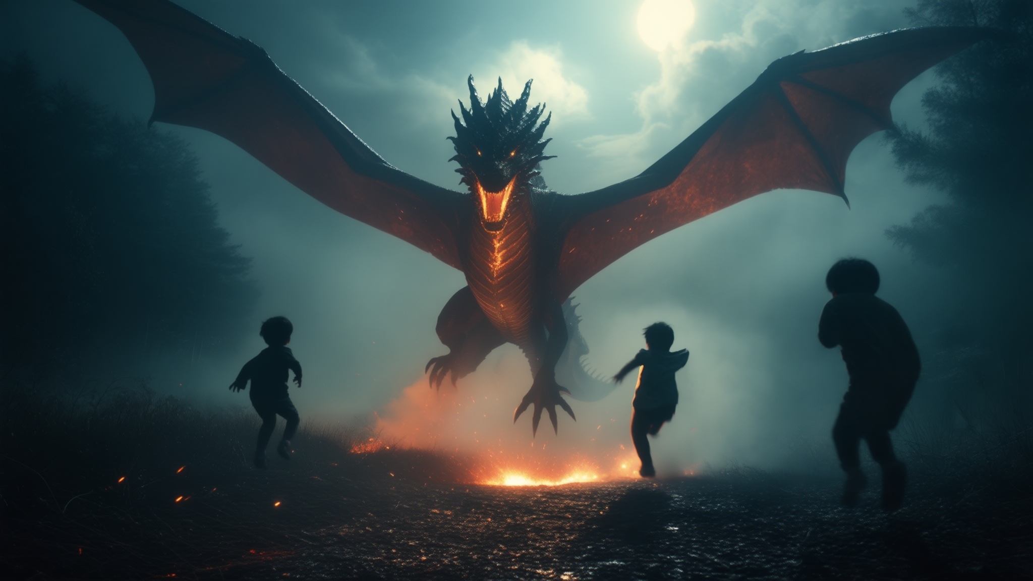 AI Image Generated by Luma Photon: Cinematic, fantasy adventure photography, 'two Korean children with terrified faces running away from a massive, fire-breathing dragon hovering above them, its wings spread wide and scales glistening menacingly', [emotion: fear and urgency], [location: dark, foggy forest clearing with ash and smoke in the air], [weather: gloomy with faint moonlight and ominous clouds], [lighting: dramatic backlighting with dragon’s fiery glow casting long shadows], [camera angle: low-angle wide shot], [camera motion: dynamic tracking shot], [camera type: full-frame DSLR], [lighting technique: chiaroscuro emphasizing high contrast], [film type: Kodak Vision3 500T], [fashion & style: tattered, slightly dirty modern kids' clothing], [props: embers, debris, and dragon flames licking the ground] --ar 16:9 --style raw