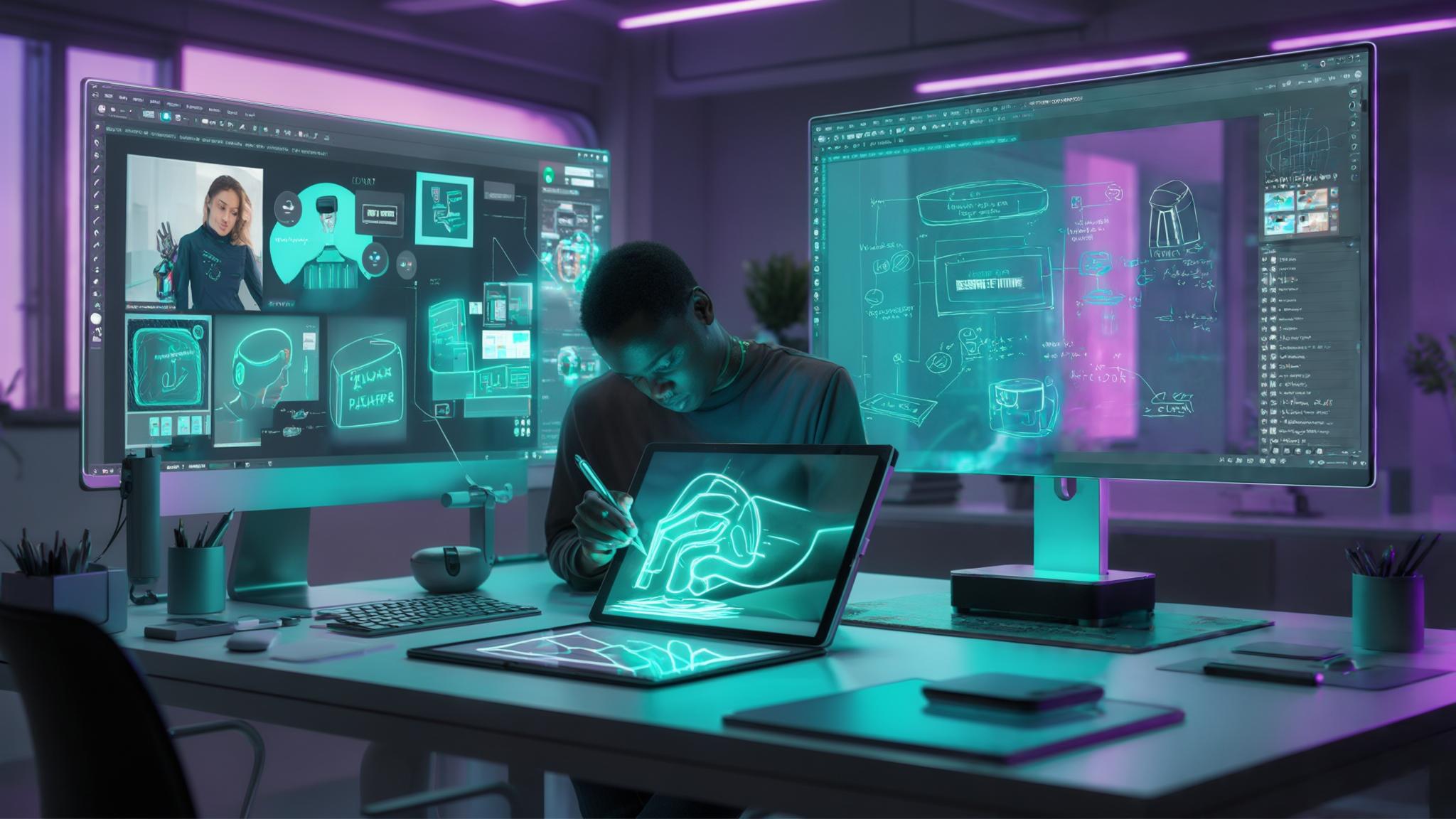 AI Image Generated by Luma Photon: A futuristic design studio with large transparent OLED screens, a creative AI assistant displayed as a glowing hologram, and a designer sketching concepts on a digital tablet. The studio is lit with soft cyan and purple ambient lighting, and high-tech gadgets are placed neatly around. The atmosphere feels clean, visionary, and creative — like a perfect blend between technology and imagination. On one of the OLED screens, the glowing words 'DESIÑANDO EL FUTURO' are clearly visible in a sleek, modern font, seamlessly integrated into the scene.
Style: 3D render, semi-realistic, futuristic digital art