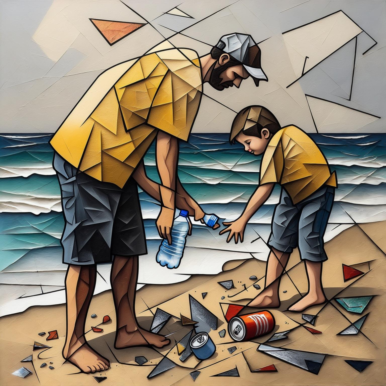 AI Image Generated by Luma Photon: This is a work imitating Picasso's Cubist style. A father and son pick up trash on the beach. The garbage is plastic bottles and aluminum cans.