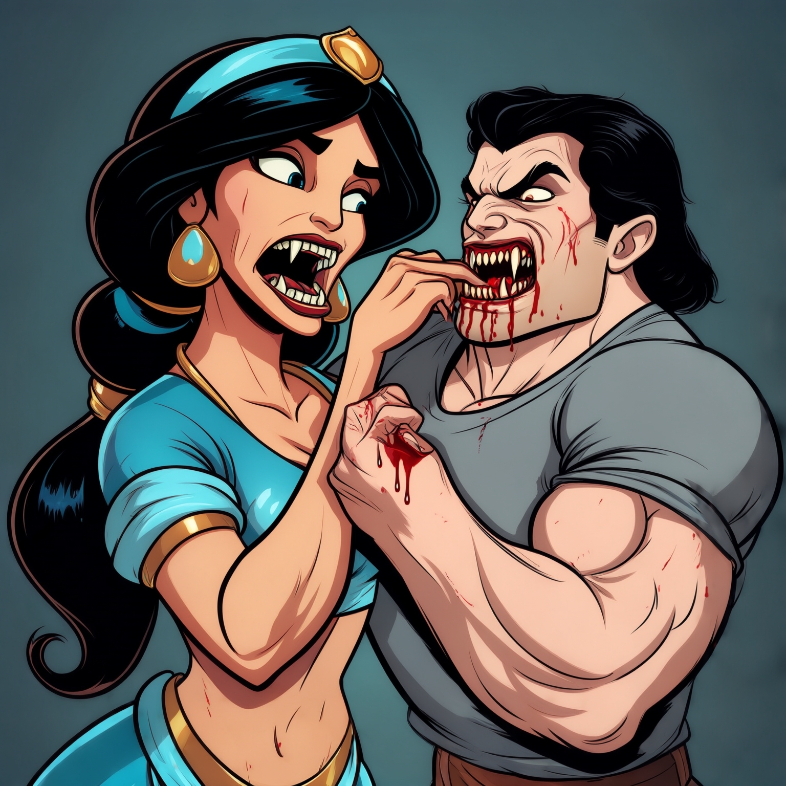 AI Image Generated by Luma Photon: lesbians in t-shirts gray princess jasmine being a super muscular vampire biting the forearm princess snow white feeling weird turning super into muscular vampires blood on the forearm that both drawing Disney cartoon 1937s