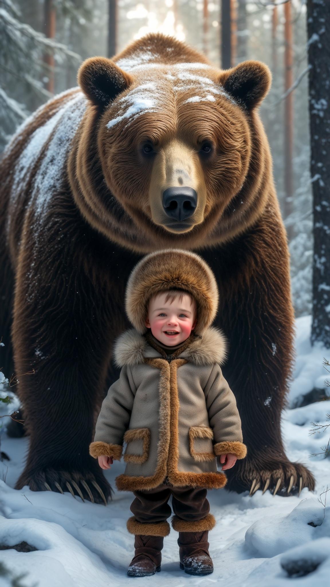 AI Image Generated by Luma Photon: 3-year-old Russian boy in a warm fur coat and ushanka hat, standing beside a large brown bear in a snowy forest. His cheeks are rosy from the cold, and he looks excited and playful