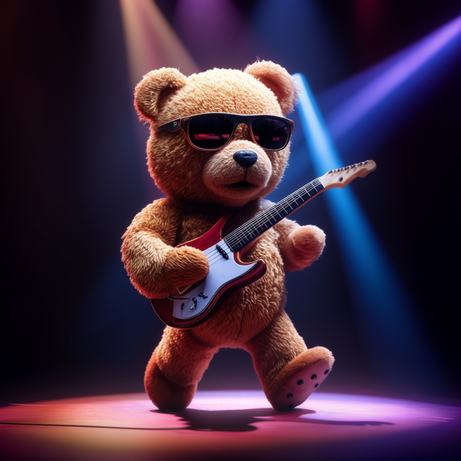 AI Image Generated by Luma Photon: A teddy bear in sunglasses playing electric guitar and dancing