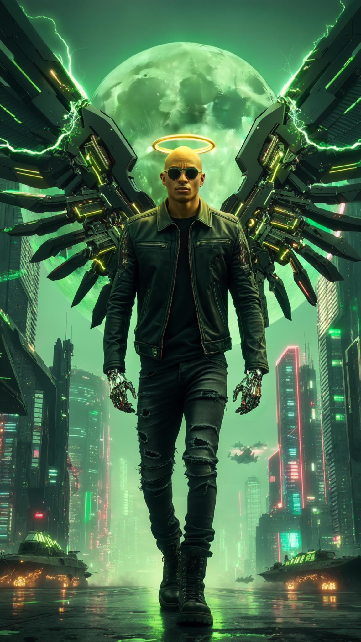 AI Image Generated by Luma Photon: A cinematic 45-degree camera shot captures a bald Dominican young man stepping forward with effortless confidence in the heart of a sprawling futuristic cityscape. A glowing halo hovers above his head, casting a golden shimmer onto his cybernetically enhanced face. He wears a tattered black leather jacket, fitted black jeans, and heavy boots, his cybernetic arms flexing under the pulsing neon lights. The pre-dawn air hums with the distant roar of patrolling ships, their reflections streaking across his sleek sunglasses. Attached to his back, two colossal Gundam-style cybernetic mecha wings unfurl, a fusion of sleek black alloy and pulsating neon green energy, their intricate mechanisms shifting with a mechanical hiss. Electricity courses through his body, arcing in jagged streaks across his limbs and wings like a living storm, crackling with raw power as he moves. The camera tracks his deliberate steps, shifting to capture the sheer scale of the metropolis—towering skyscrapers lined with shifting holograms, neon signs flickering in hypnotic rhythm. A massive green moon looms directly behind him, bathing the entire skyline in an ethereal glow. Rendered in hyper-realistic 8K with Unreal Engine-quality visuals, every detail—from the scuffed leather of his jacket to the intricate energy surges along his cybernetic frame—creates a striking fusion of power and destiny. As he strides forward, the air itself seems charged, the world bending to the force of his presence.