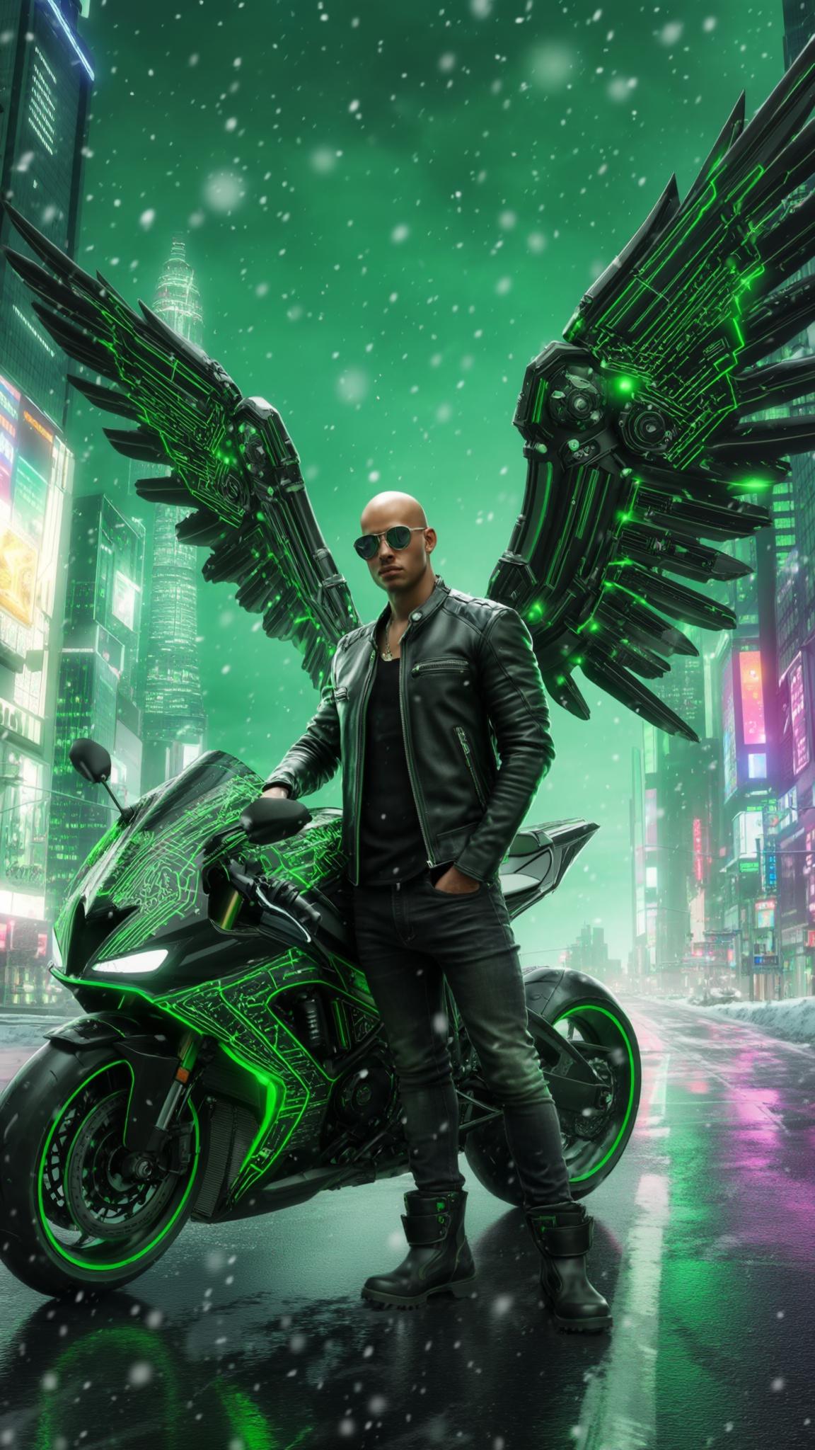 AI Image Generated by Luma Photon: A bald Dominican young man stands in the heart of a futuristic city, snowflakes drifting through the neon-lit skyline. Towering skyscrapers pulse with cybernetic energy, their holographic billboards flickering against a deep green sky. He wears a sleek black leather jacket, fitted black jeans, and heavy boots, his stance unwavering against the pre-dawn breeze. His polished sunglasses reflect the distant shimmer of patrol ships hovering above the metropolis.

Behind him, his massive cybernetic mecha wings are fully expanded—sleek black with vibrant green energy lines coursing through intricate mechanical joints. The wings pulse with raw power, their edges sharp and aerodynamic, humming with kinetic energy as arcs of white electricity crackle and dance across their surface.

He casually leans against his black-and-green mecha motorcycle, its aerodynamic frame glowing faintly with embedded circuitry. The camera captures him from a dramatic 45-degree angle, accentuating his imposing presence amidst the high-tech dystopia. The snowfall catches the neon light, creating a mesmerizing blend of motion and atmosphere, while the hum of the futuristic city thrums in the distance.