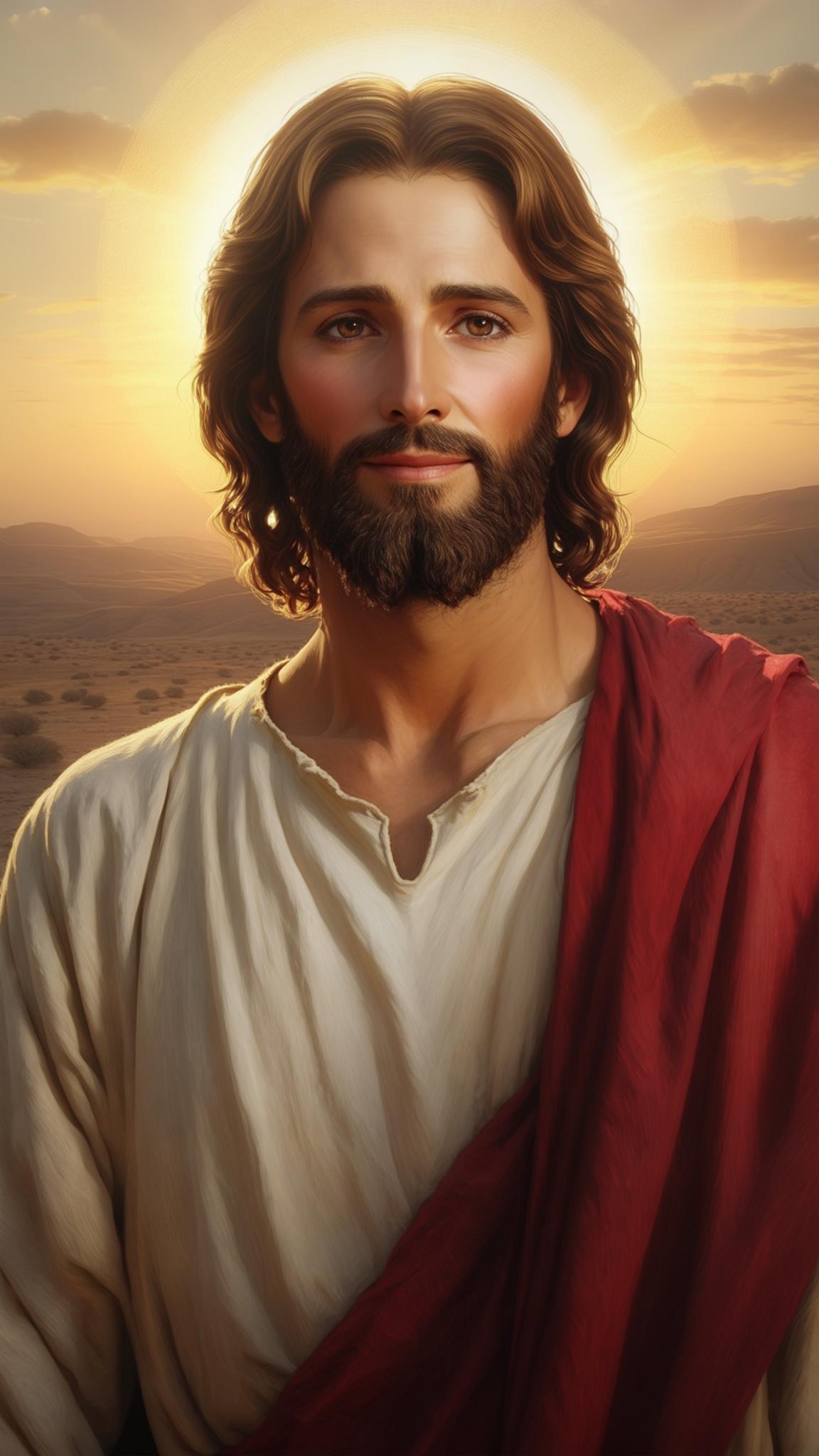 AI Image Generated by Luma Photon: A realistic and artistic depiction of Jesus Christ, with gentle and compassionate features, a short beard, and wavy brown hair. He is wearing a white tunic and a red cloak, radiating an aura of peace and wisdom. The background is a desert landscape with a golden sunset sky, creating a spiritual and serene atmosphere. The style is inspired by Renaissance paintings, with rich details and warm colors.