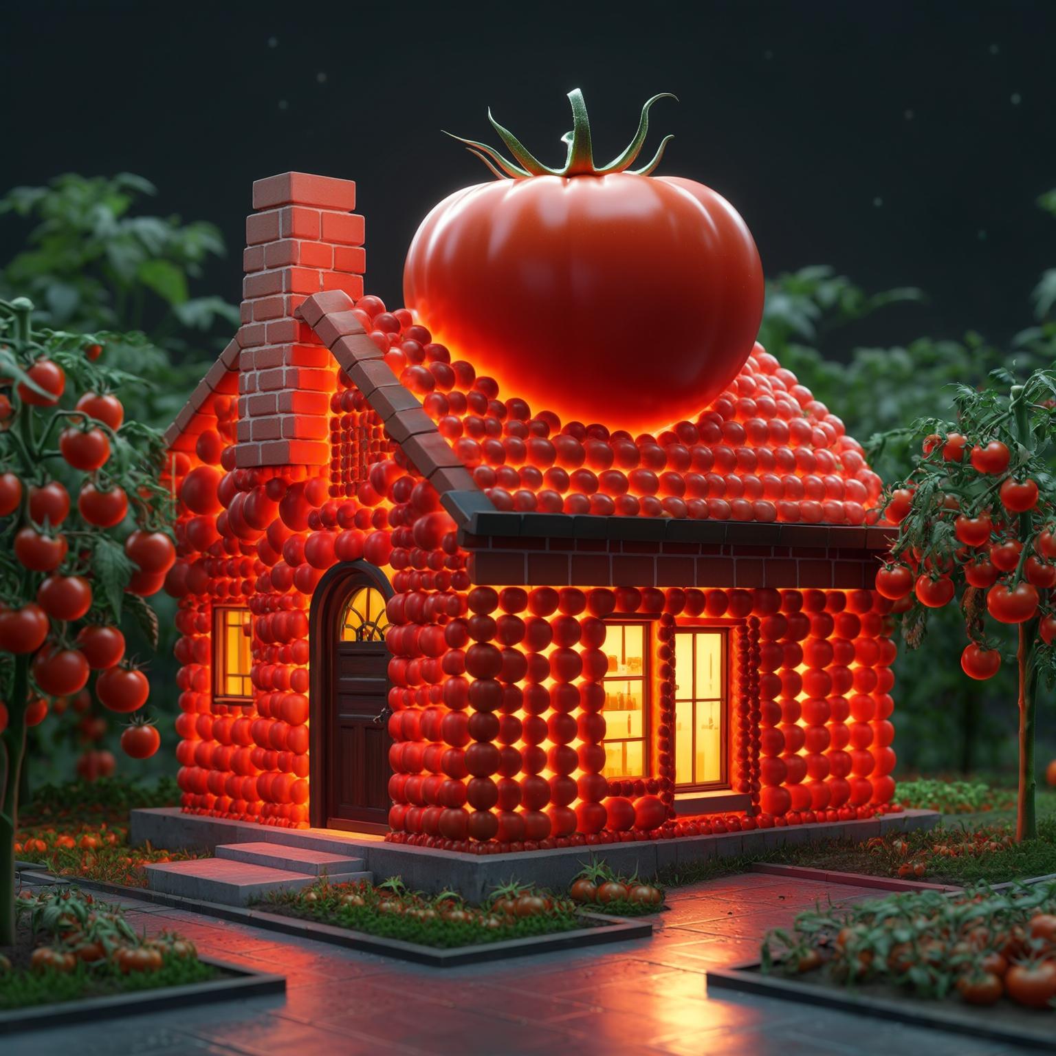 AI Image Generated by Luma Photon: A 3D rendering of a house made entirely of glowing tomatoes. The exterior of the house is a bright red color, with tomatoes arranged in a way that evokes traditional brickwork. The roof is dome-shaped and shaped like a large, juicy tomato. There is a small garden around the house with tomato trees. The overall mood of the photo is whimsical and striking, with a hint of surrealism. Masterpiece. HD details. best quality
