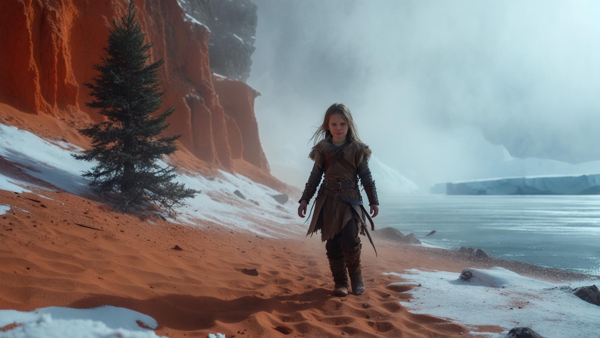 AI Image Generated by Luma Photon: A young girl walking in the snow, she is wearing tattered fur and leather medieval peasant clothes. Red sand on the ground, Martian looking orange cliff on the left, spruce tree, powder snow, frozen sea on the right, ice cap, photography, 8k, cinematic, volumetric lighting, fog, dust