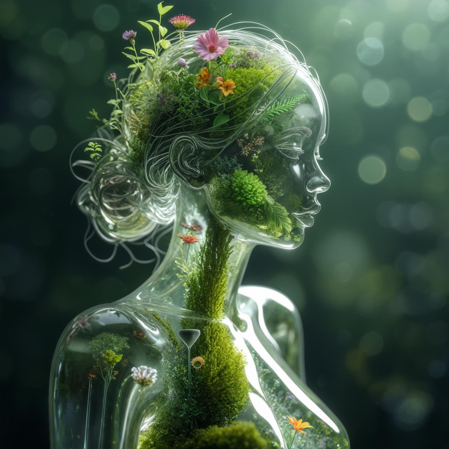 AI Image Generated by Luma Photon: A luminous, transparent glass woman figure with an hourglass body, showcasing an intricate internal ecosystem, featuring miniature plants with delicate moss and flowers sprouting from within, blurring the line between surreal nature and organic growth, set against a dreamy bokeh background that evokes an ethereal atmosphere, with a focus on a portrait profile, adorned with lush green foliage, symbolizing biodiversity and the inner world, rendered in stunning 3D digital art with photorealistic textures, highlighting the intricate details of the figure's skin, hair, and surroundings, with a medium hairstyle that appears to be woven from the very plants and flowers that inhabit her, all presented in high-resolution with an emphasis on capturing the subtle play of light on her fragile, crystalline form.