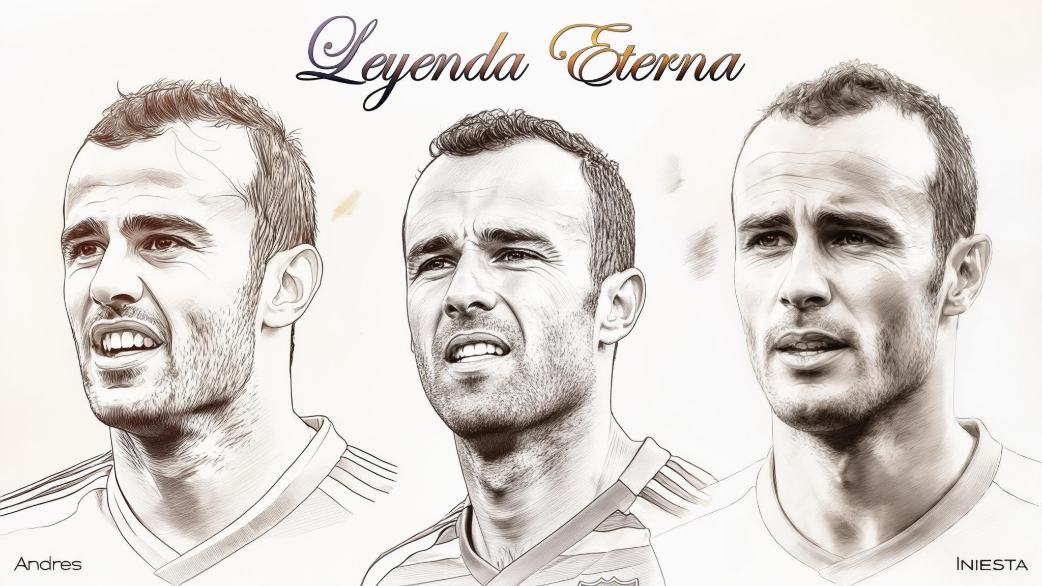 AI Image Generated by Luma Photon: Iniesta's 20s right side, 30s left side, 40s front side, naturally placed, but please make it in a drawing style, and the title is "Eternal Legend" in Spanish