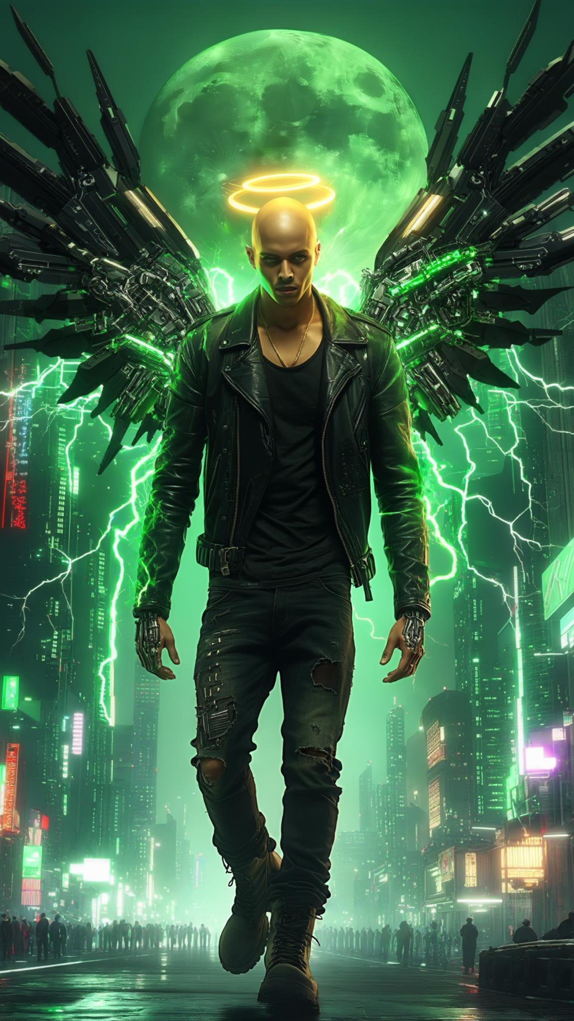 AI Image Generated by Luma Photon: A cinematic 45-degree close-up head camera shot captures a bald Dominican young man stepping forward with effortless confidence in the heart of a sprawling futuristic cityscape. A glowing halo hovers above his head, casting a golden shimmer onto his cybernetically enhanced face. He wears a tattered black leather jacket, fitted black jeans, and heavy boots, his cybernetic arms flexing under the pulsing neon lights. The pre-dawn air hums with the distant roar of patrolling ships, their reflections streaking across his sleek sunglasses. Attached to his back, two colossal Gundam-style cybernetic mecha wings unfurl, a fusion of sleek black alloy and pulsating neon green energy, their intricate mechanisms shifting with a mechanical hiss. Electricity courses through his body, arcing in jagged streaks across his limbs and wings like a living storm, crackling with raw power as he moves. The camera tracks his deliberate steps, shifting to capture the sheer scale of the metropolis—towering skyscrapers lined with shifting holograms, neon signs flickering in hypnotic rhythm. A massive green moon looms directly behind him, bathing the entire skyline in an ethereal glow. Rendered in hyper-realistic 8K with Unreal Engine-quality visuals, every detail—from the scuffed leather of his jacket to the intricate energy surges along his cybernetic frame—creates a striking fusion of power and destiny. As he strides forward, the air itself seems charged, the world bending to the force of his presence.