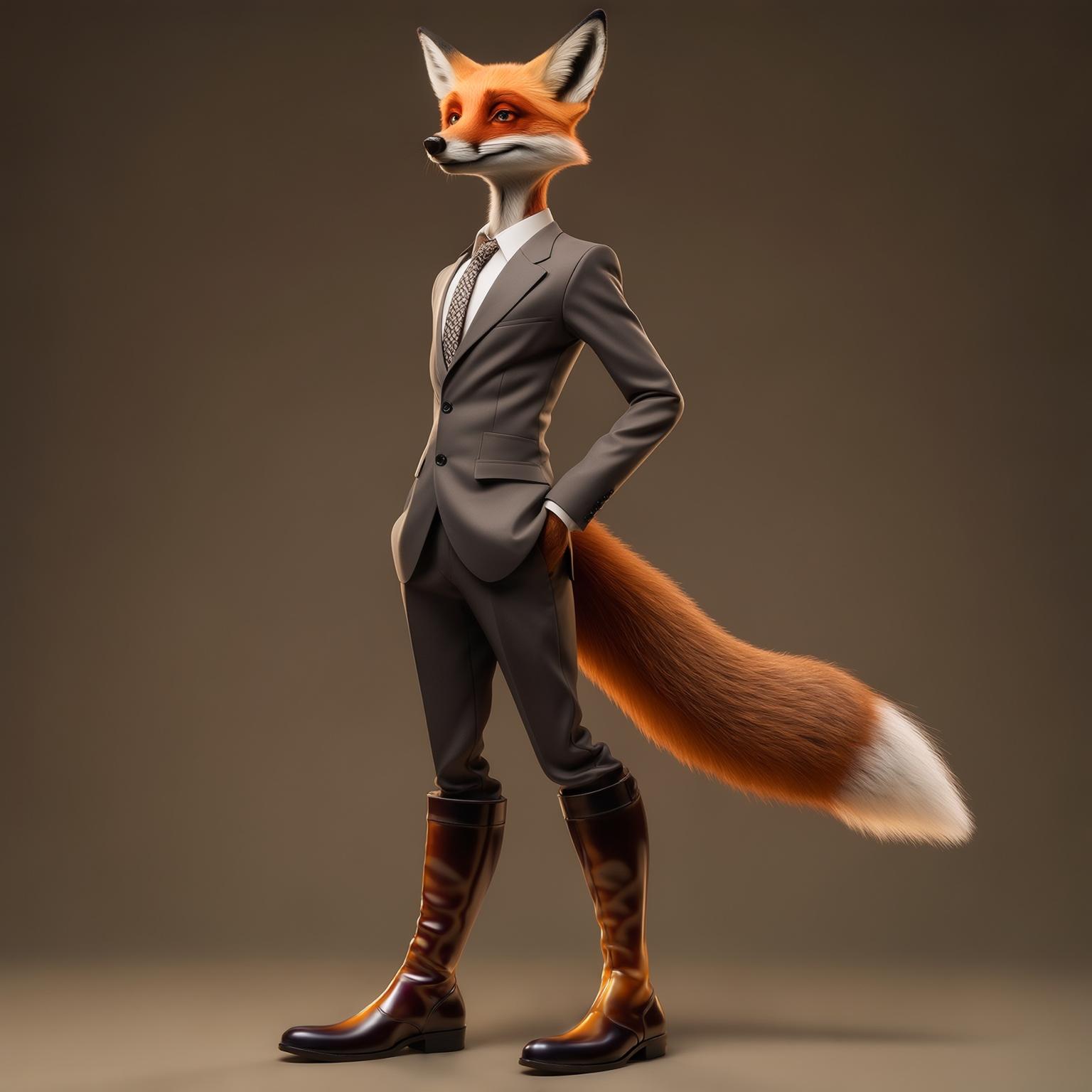 AI Image Generated by Luma Photon: a character sheet for a biped, anthropomorphized fox, dressed in a suit, broad shoulders with a body that tapers down to skinny legs, wearing knee-high shiny leather boots, in an a-pose, pixar style

