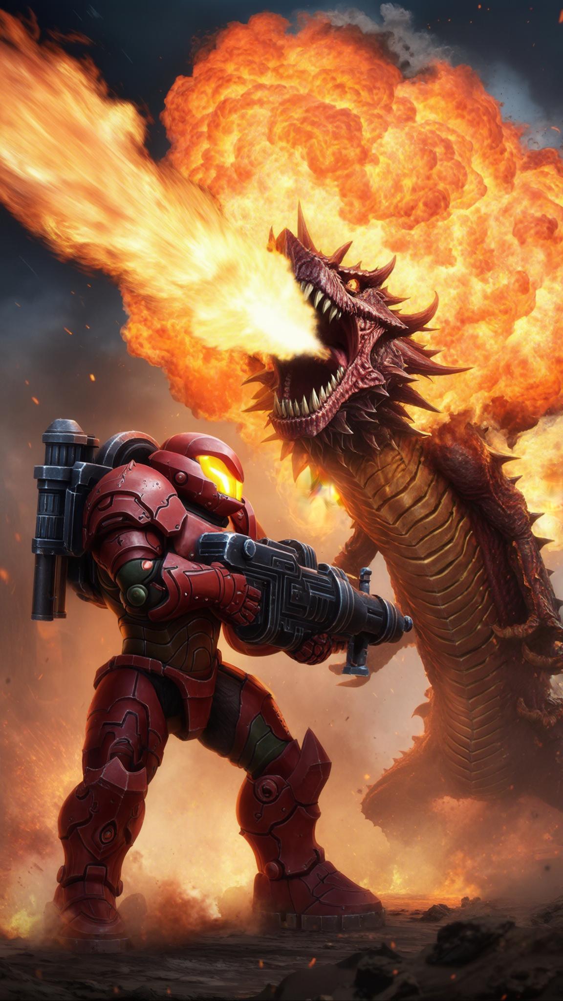 AI Image Generated by Luma Photon: A StarCraft Terran Firebat in red power armor, firing a bulky industrial-style flamethrower with twin nozzles and glowing fuel tubes. A massive burst of flame explodes forward, engulfing a Zerg Hydralisk. The flamethrower looks heavy and mechanical, with a short barrel and front-vent fire emission, not a rifle. The Hydralisk has no wings, with a serpentine body and blade-like arms, recoiling in flames. The fire stream is thick, bright, and wide like a flamethrower blast, not a bullet trail. The Firebat is in a dynamic stance, flames lighting up his armor. Volumetric fire FX, smoke, sparks, cinematic lighting, ultra-detailed, photorealistic, 4K render.