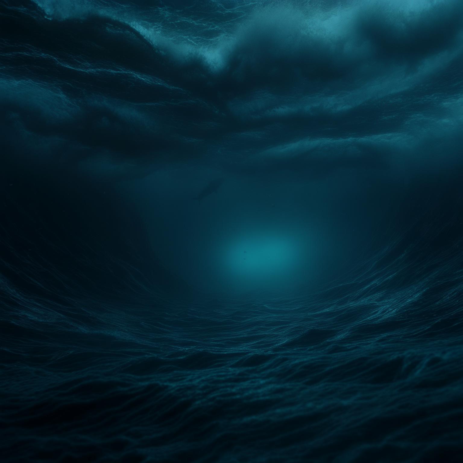 AI Image Generated by Luma Photon: A cinematic underwater stock photo capturing the haunting stillness beneath a vast, stormy ocean shrouded in total darkness—enormous shadowy waves loom overhead as the camera drifts through cold, ancient depths—lit only by a faint, ghostly blue glow pulsing from below, casting soft, eerie highlights on the shifting currents; composed with a deep perspective and shallow depth of field, the image is graded in cool, film-like tones that evoke a sense of primordial mystery and silent, unseen forces stirring in the abyss.