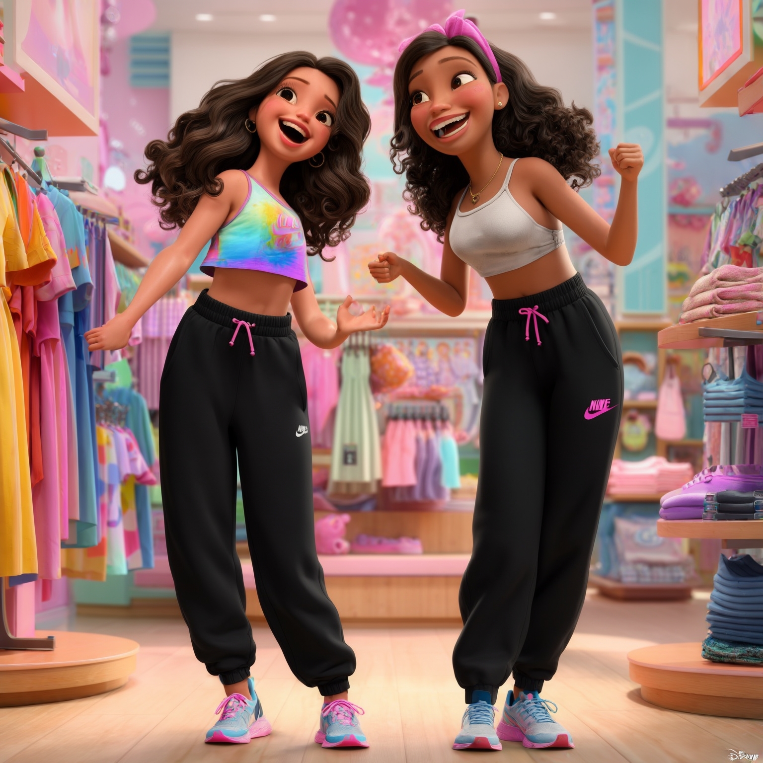 AI Image Generated by Luma Photon: Two lesbians Bree Young in long sweat black nike and riley anderson in long sweat black nike and cloth shopping clothe drawing Disney cgi