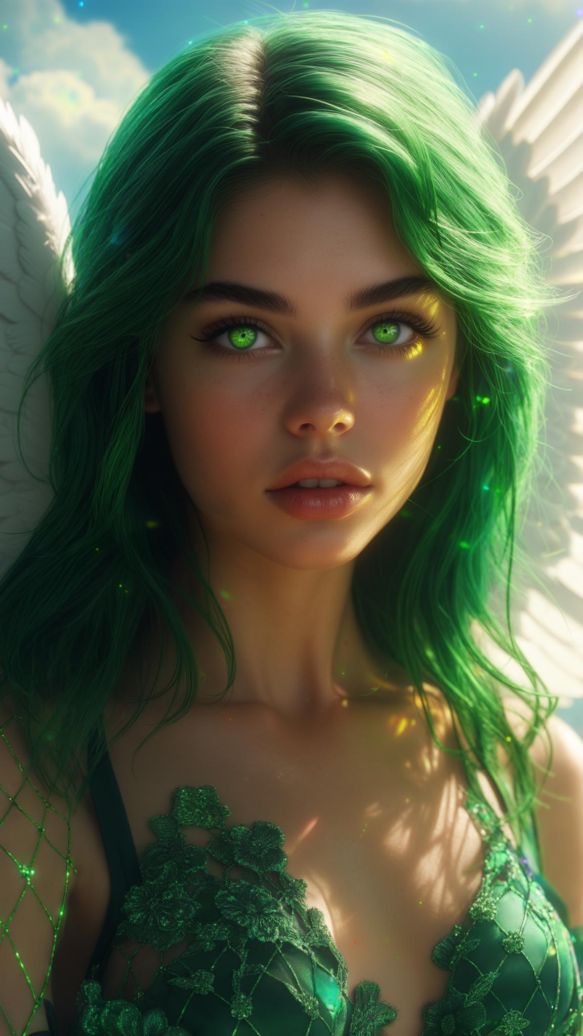 AI Image Generated by Luma Photon: A mesmerizing headshot of a young woman with radiant white angel wings, gazing directly into the camera with an expression so deep and powerful it feels as if she is looking into your soul. Her luminous green eyes shimmer with warmth, love, and an unspoken wisdom, as if she understands your deepest emotions and is setting you free. The golden mid-day sunlight bathes her flawless skin, creating a soft, heavenly glow that enhances her ethereal beauty. Her vibrant green hair flows gently around her face, catching the light in delicate highlights. Her lips, slightly parted, hold a serene yet captivating expression—both inviting and otherworldly. The intricate, netted floral patterns of her emerald-hued outfit subtly reveal smooth skin, accentuating her divine presence. Behind her, soft clouds swirl, and faint neon streaks of light flicker subtly through the lens, adding a dreamy 80s retro touch. The hyper-realistic 8K rendering captures every exquisite detail—the delicate movement of her hair, the sparkle in her eyes, and the gentle rise and fall of her breath. The moment feels transcendent, as if she is not just looking at you, but through you, unlocking something within and setting your spirit free.