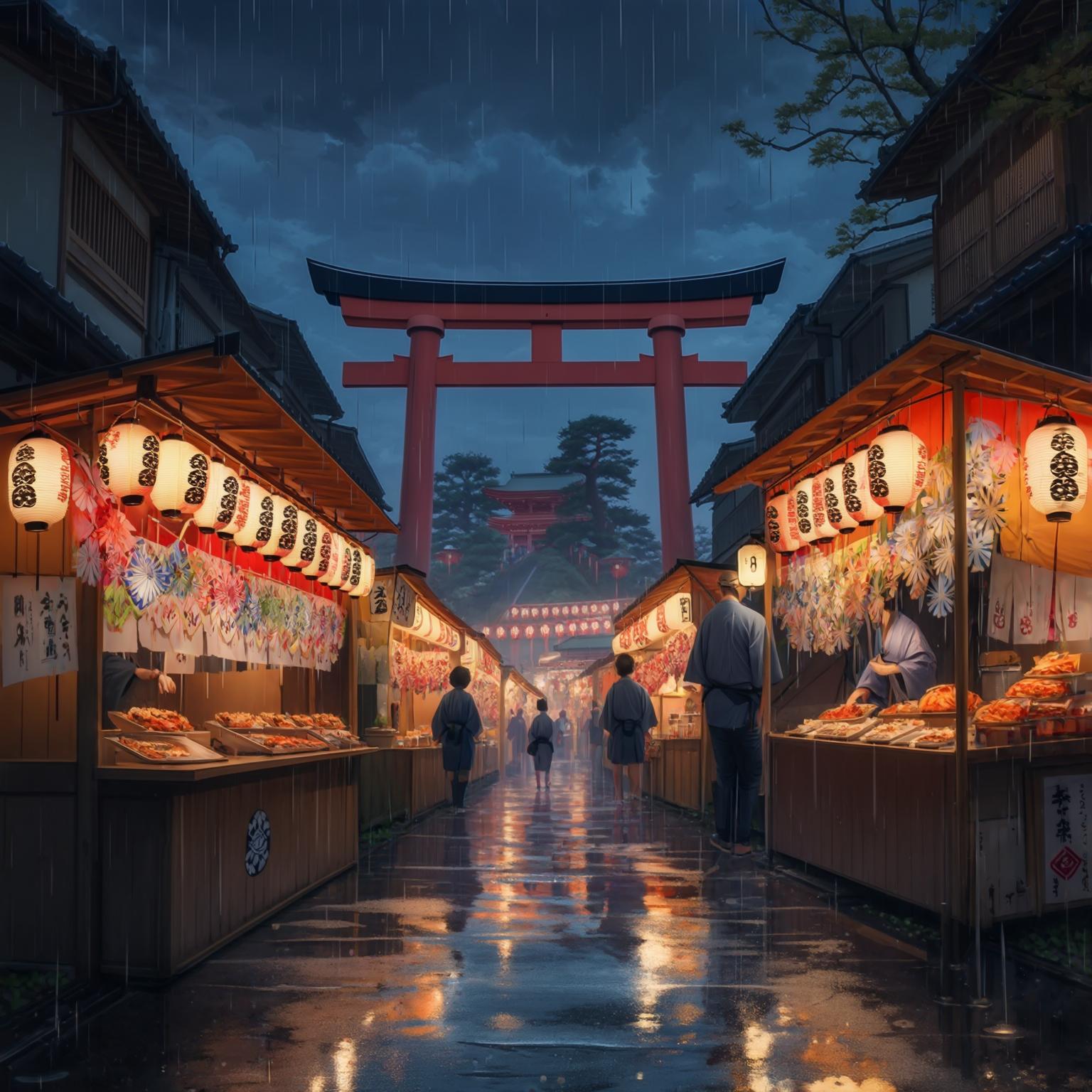AI Image Generated by Luma Photon: A realistic, high-resolution night scene of a traditional Japanese matsuri festival. Lanterns glowing warmly, colorful paper decorations, wooden stalls with traditional food items, and a shrine gate (torii) in the background. No people. Streets slightly wet as if it just rained. Authentic Japanese atmosphere with soft lighting and detailed textures.