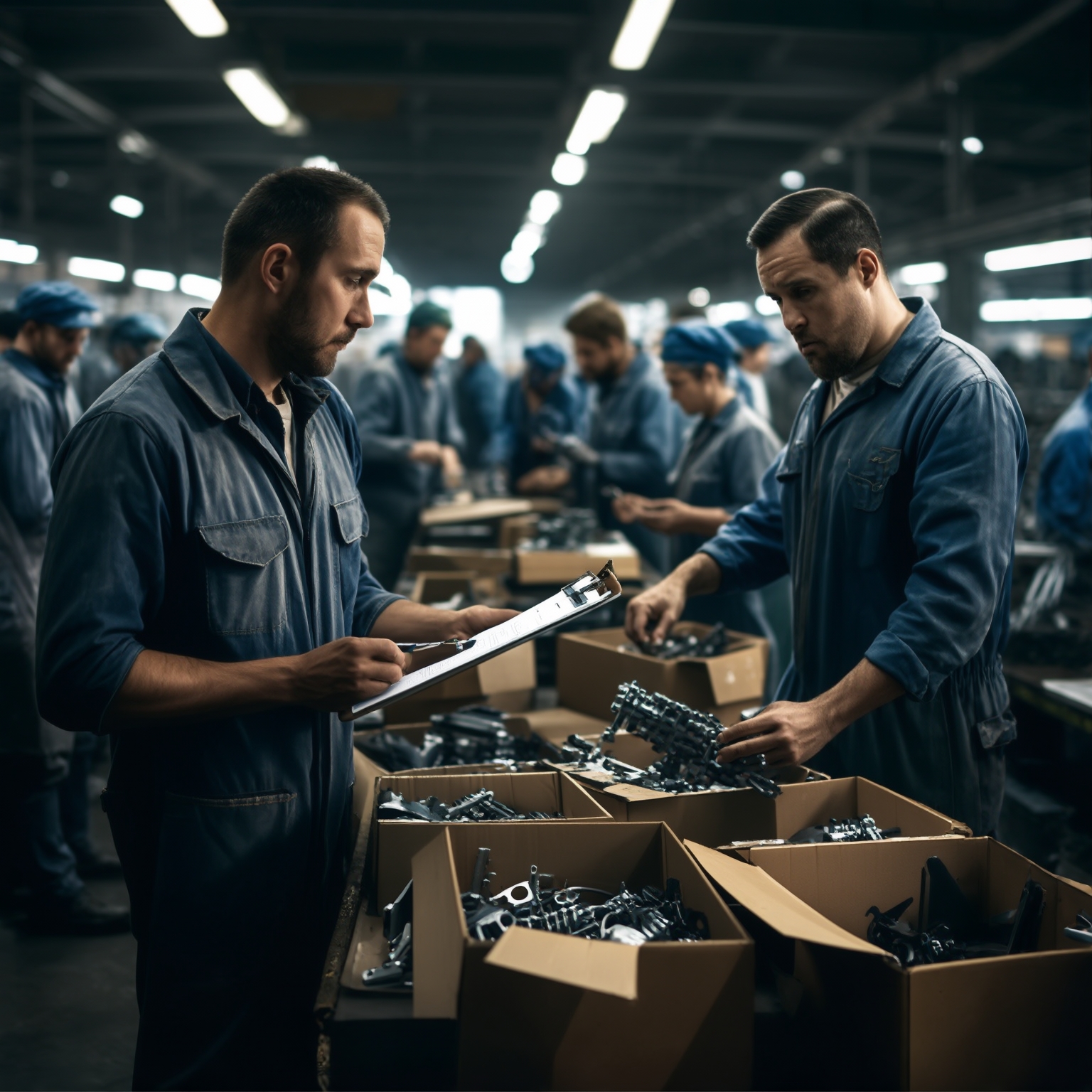 AI Image Generated by Luma Photon: workers with open boxes around them, assembling a complex machine while a foreman holds a clipboard with assembly instructions while directing some of the workers (telling them what to do).  
