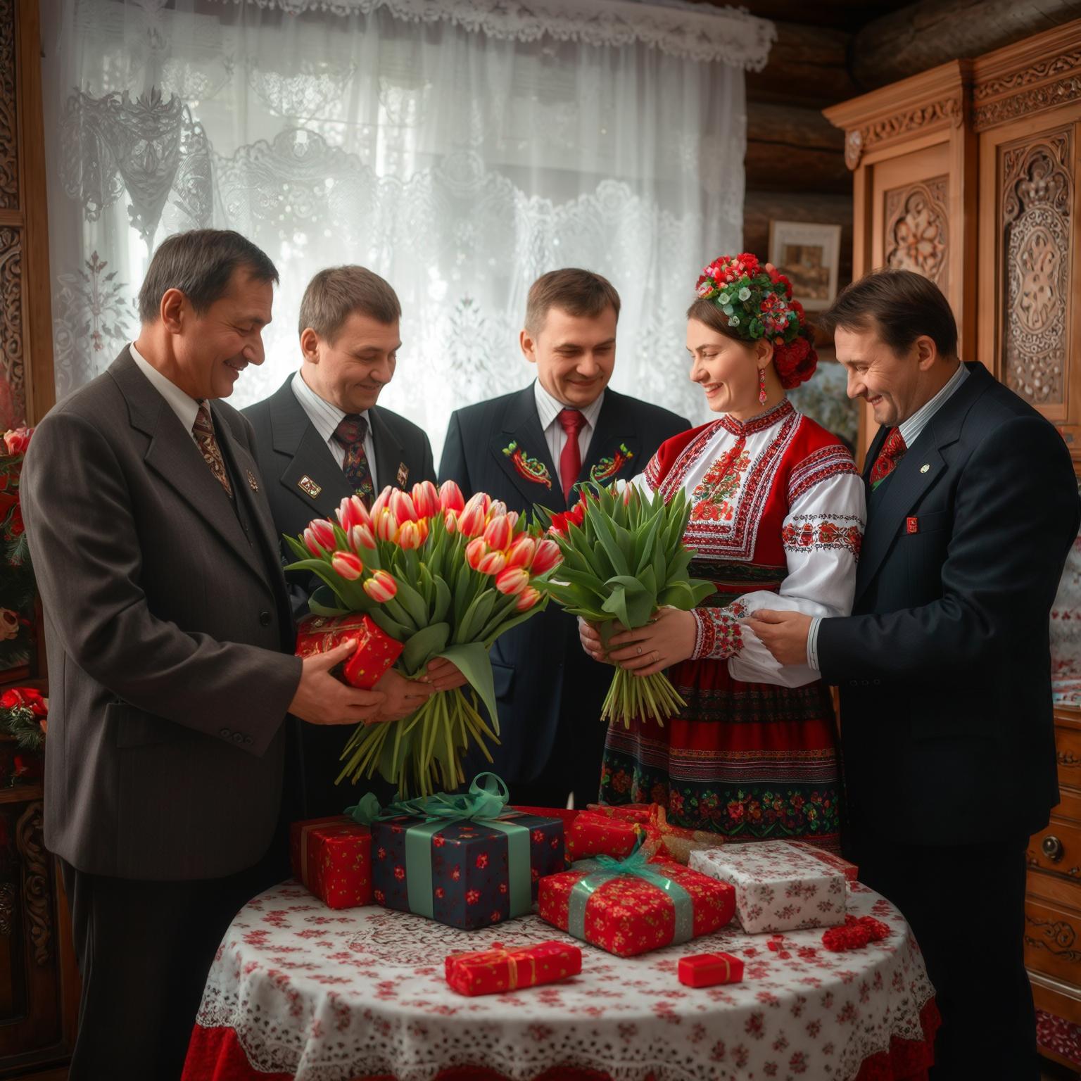 AI Image Generated by Luma Photon: men congratulate a woman on March 8th in Russian style