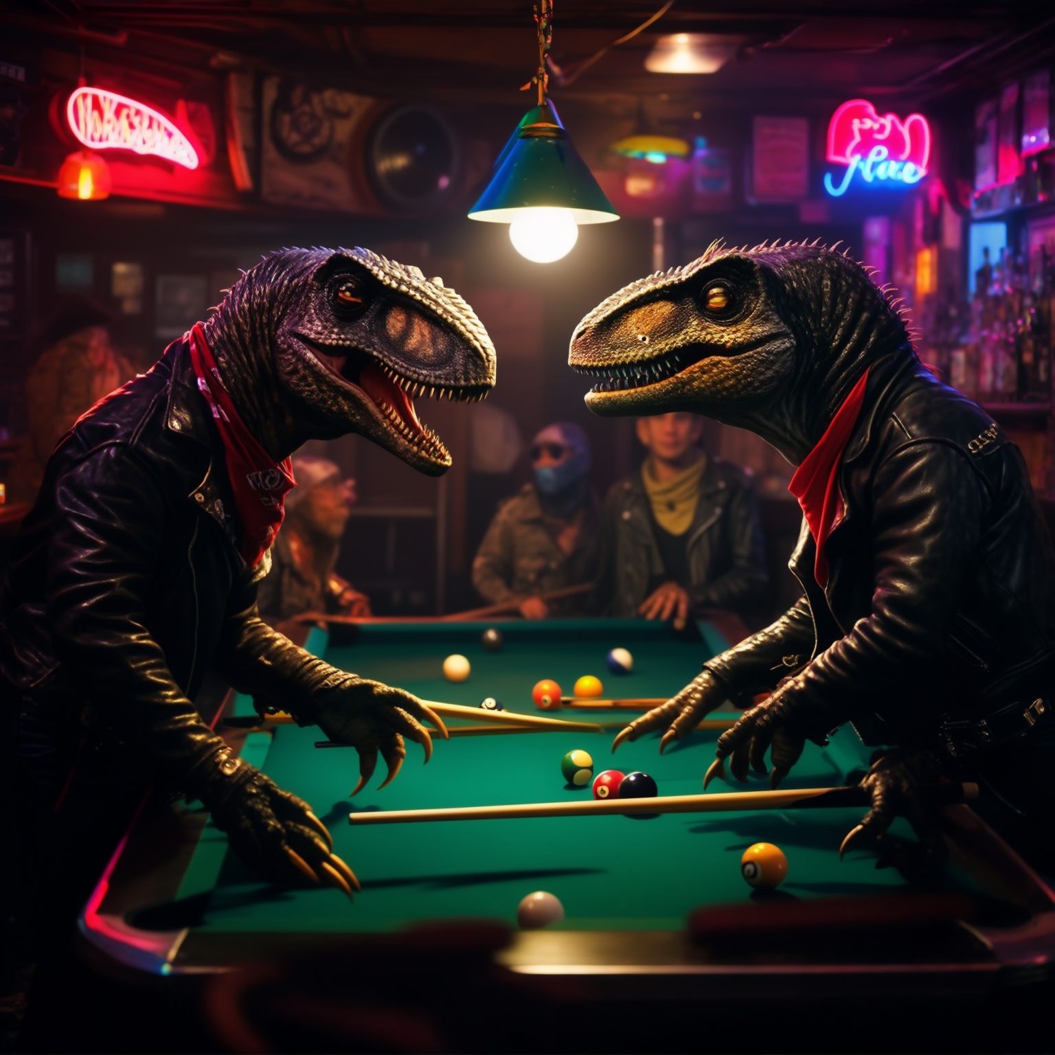 AI Image Generated by Luma Photon: velociraptor biker bar