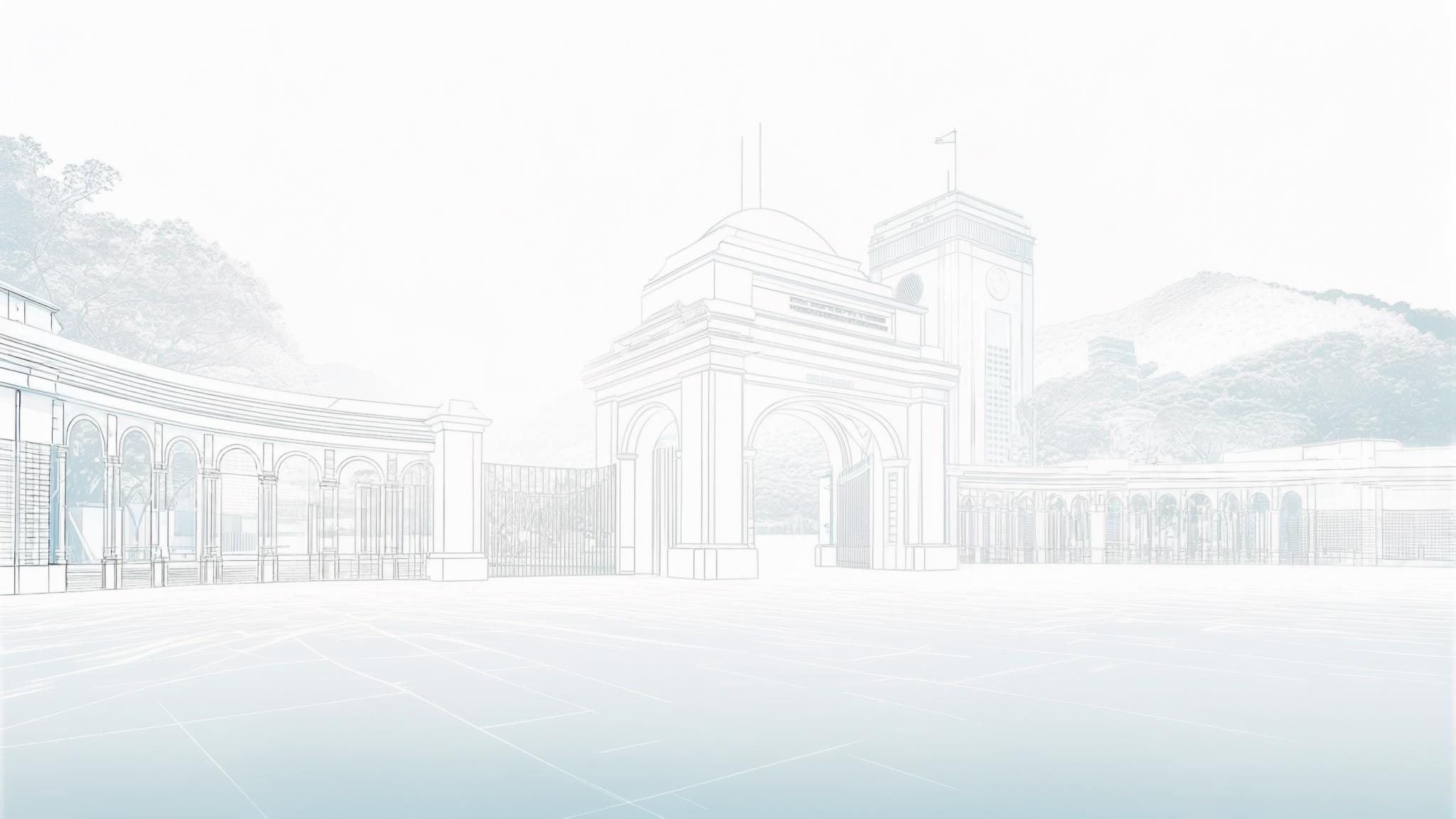 AI Image Generated by Luma Photon: Please combine the gate of the Polytechnic University and the landmark building of Hong Kong to generate a white highlight, and the bottom will glow. The lines need to be clear and the background color is white.