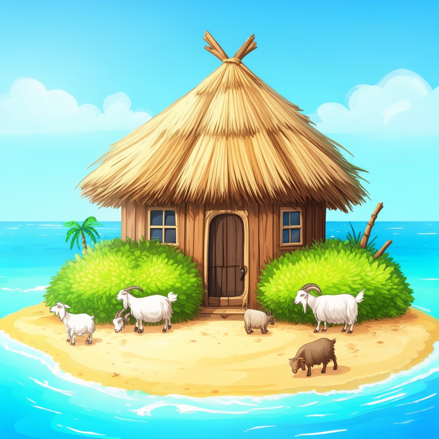 AI Image Generated by Luma Photon: Robinson Crusoe is on a desert island raising goats. The image should show Robinson Crusoe's hut, which is enclosed by a hedge, with the ocean in the background. The image should be in a cartoonish, cute style