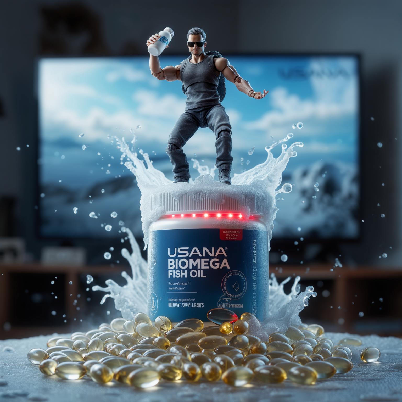 AI Image Generated by Luma Photon: A hyper-realistic action figure of same person in image wearing sunglasses striking a dynamic, mid-action pose—one knee bent, arm raised as if ready to strike or leap—perched on a pile of Usana biomega fish oils capsules. The capsules are clear, stacked unevenly, creating a chaotic but sturdy platform. This pile rests atop an elaborate USANA-blue-white-themed pedestal. Action figure should have one Usana biomega fish oil bottle on one hand.
The pedestal is cylindrical, designed like a chilled Usana supplement bottle
with frost and condensation. Embedded into its sides are translucent multivit supplement pills that glow faintly from internal red LED lights. USANA logos, vintage and modern, wrap around the pedestal, giving it a nostalgic yet modern fusion. 
Towering behind the figure is a massive, oversized Usana supplement bottle—three times the height of the figure—angled as if bursting out of the ground. Fish oils splashes
dramatically around it, frozen in midair, as if the can has just emerged or crashed into the scene. The splash arcs around the figure, creating a powerful and energetic backdrop that emphasizes motion and impact.
Lighting is cinematic, with dramatic highlights and shadows, emphasizing metallic textures, condensation, and the glossy blue white surface of the USANA bottles. The overall color palette is sky blue and white (USANA theme)
Place it on a table and in the blurred background (a room with a TV playing a game from the 90s, create a cozy and comfortable environment and others action figures blurred out) only the doll and its base are in focus and with soft lighting. Over style should be power full. Action figures face please refer to attachment. 
Format: 1080x1920