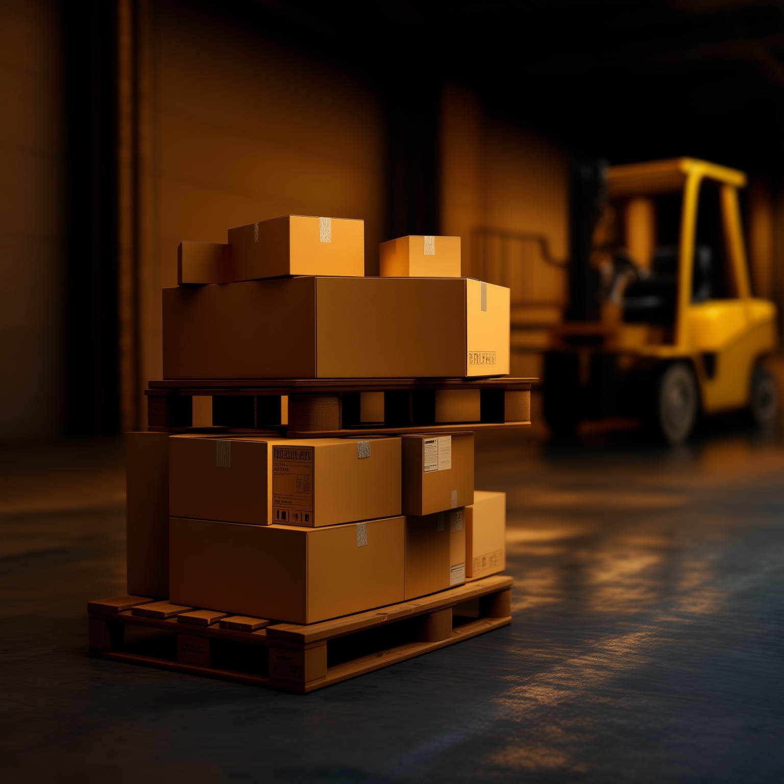 AI Image Generated by Luma Photon: three pallets of boxes at a loading dock