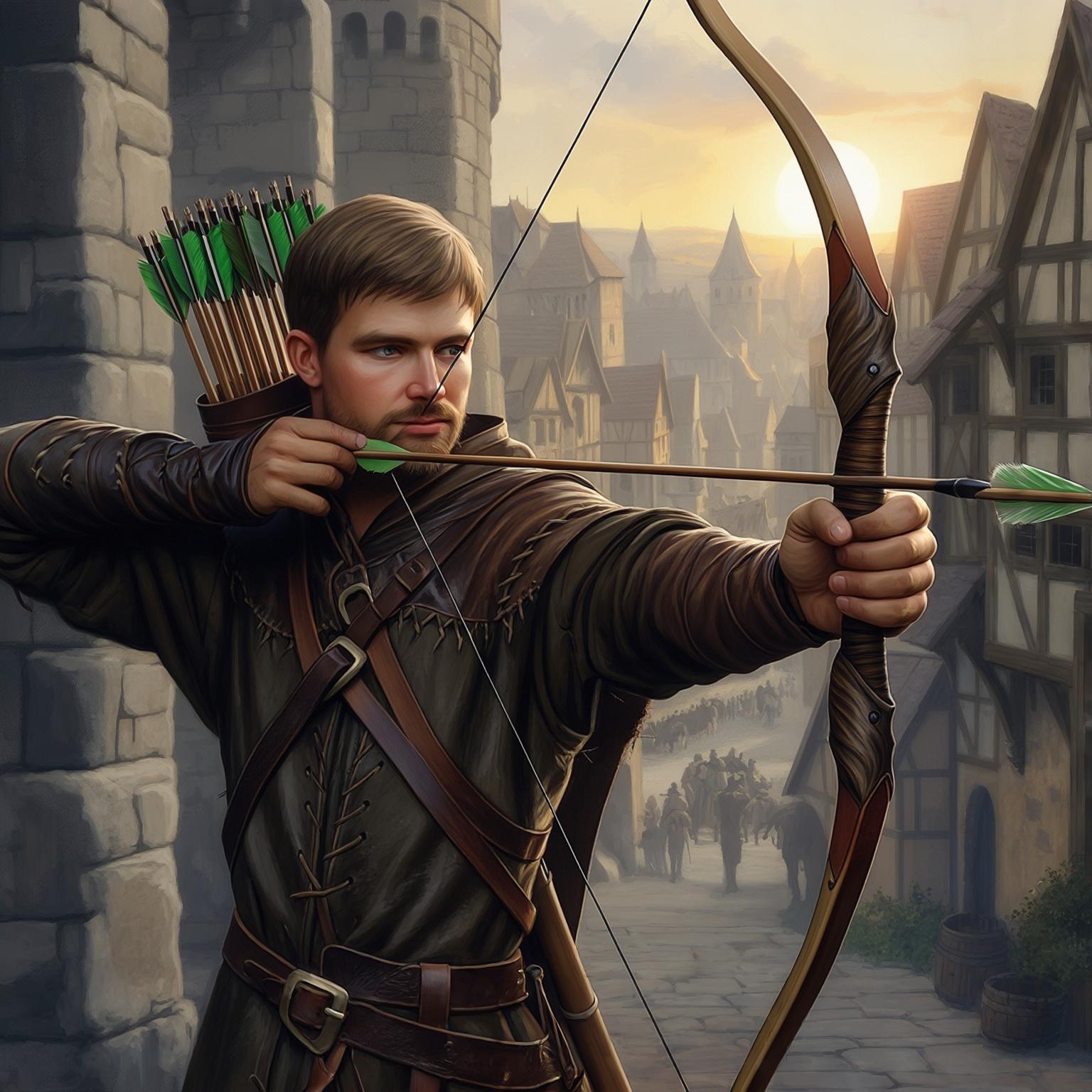 AI Image Generated by Luma Photon: An archer with an open and calm face aims against the backdrop of a medieval city in vintage fantasy style