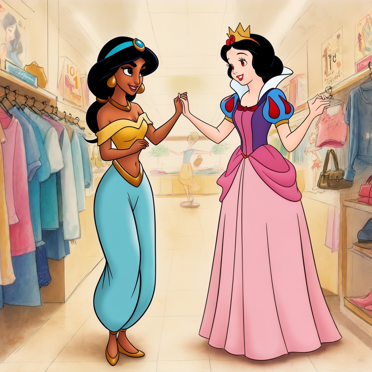 AI Image Generated by Luma Photon: lesbians princess jasmine dressed in princess Daisy and haïr style the same and princess snow white dressed in princess and style the same Peach and shopping clothe take hands drawing Disney 1937s