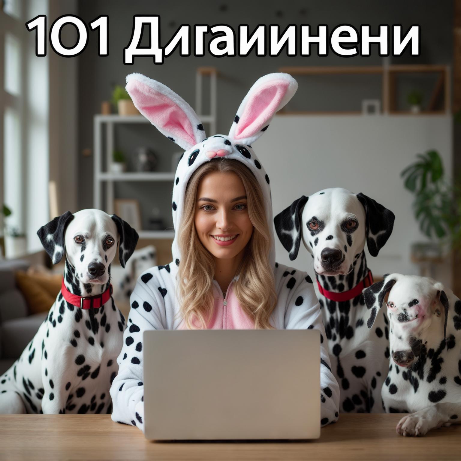 AI Image Generated by Luma Photon: красивая девушка сидящая за макбуком в костюме кролика в расцветке долматинца, а вокруг нее три долматинца и сверху заголовок  101 дизайнец  
