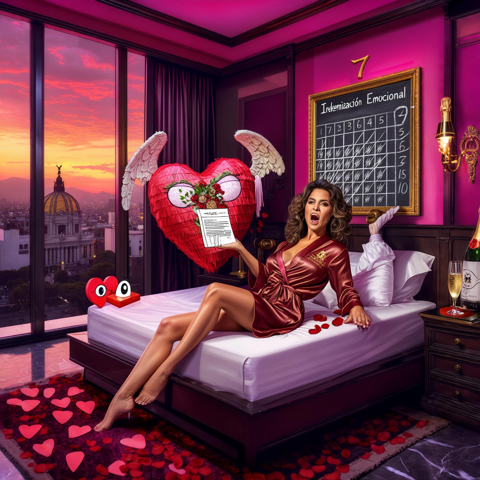 AI Image Generated by Luma Photon: "A playful yet sensual digital illustration of a confident Latina woman in her late 30s lounging on a luxurious bed in a Mexico City penthouse at sunset. She's wearing a silky robe with a '7' embroidered in gold on the lapel, dramatically crossing off days on a vintage-style chalkboard that reads 'Indemnización Emocional' with tally marks for each orgasm. The scene includes: a heart-shaped piñata bursting with rose petals above the bed, a vibrator shaped like a gavel on the nightstand, and a framed divorce decree being used as a coaster for a champagne glass. Outside the floor-to-ceiling windows, the iconic Angel de la Independencia monument winks with cartoonish heart-shaped eyes. Rendered in vibrant pop art style with Mexican color palette (fuchsia, gold, cobalt), blending Frida Kahlo's surrealism with modern erotic comic book aesthetics."

Key Symbolic Elements:
'7' embroidery = claim to pleasure
Piñata explosion = released joy
Gavel vibrator = justice served
Monument wink = cultural inside joke
Tally marks = progress tracking

Technical Specs:
Style: Neo-pop surrealism with Mexican kitsch influences
Lighting: Dramatic sunset glow through windows
Color Palette: Electric Mexican pink (#E4007C), metallic gold, deep purple
Composition: Diagonal energy from bottom-left (champagne) to top-right (piñata)
Details: Hyper-saturated colors with comic-style outlines

Cultural Easter Eggs:
Traditional papel picado pattern in the headboard
Subtle calavera design on robe's belt
Marble floor mimicking Palacio de Bellas Artes
Champagne bottle labeled "Viuda de Cliquot" (widow's vintage)