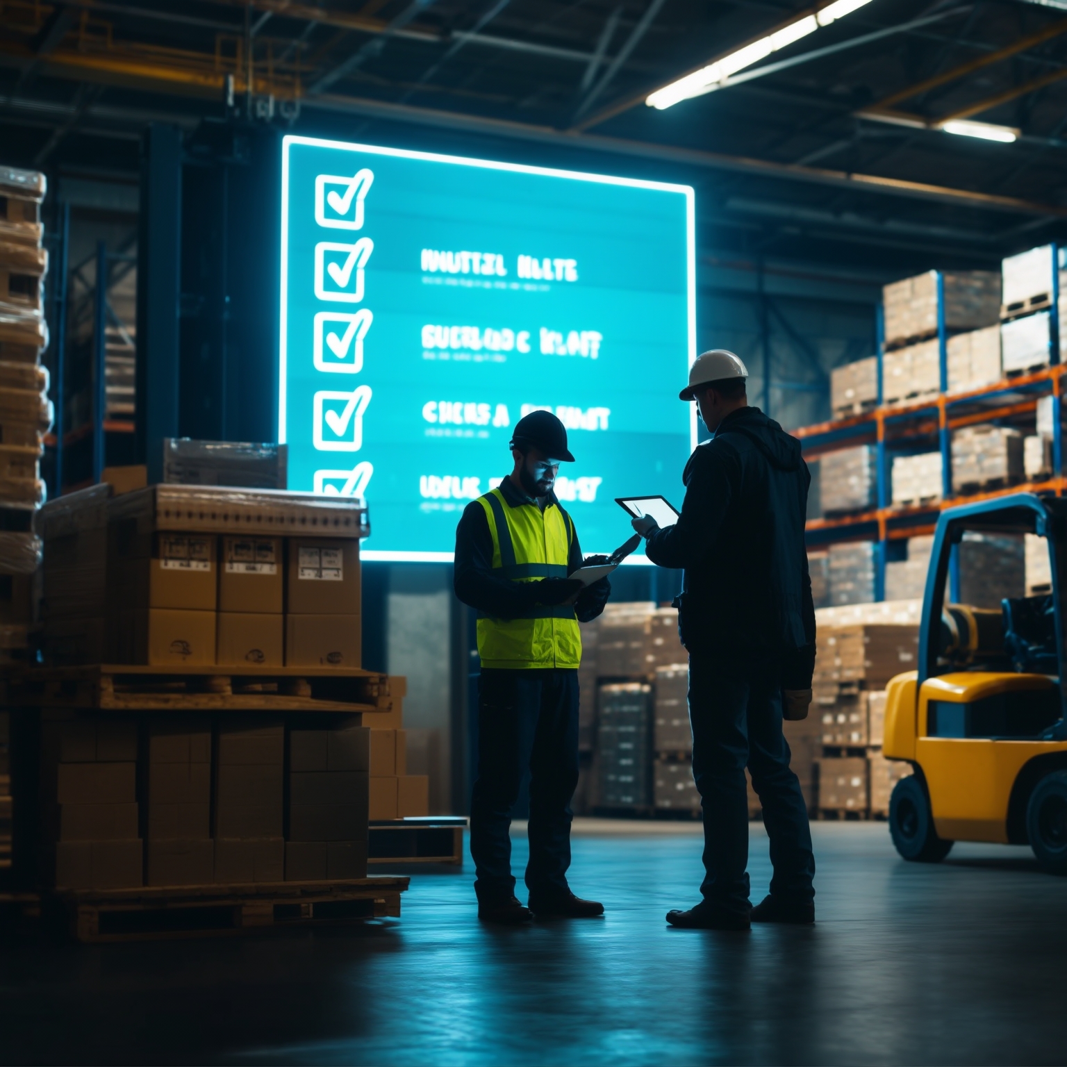 AI Image Generated by Luma Photon: a warehouse foreman checks that all the parts from multiple shipments have arrived and are ready to assemble - there's a Jumbotron checklist in the background