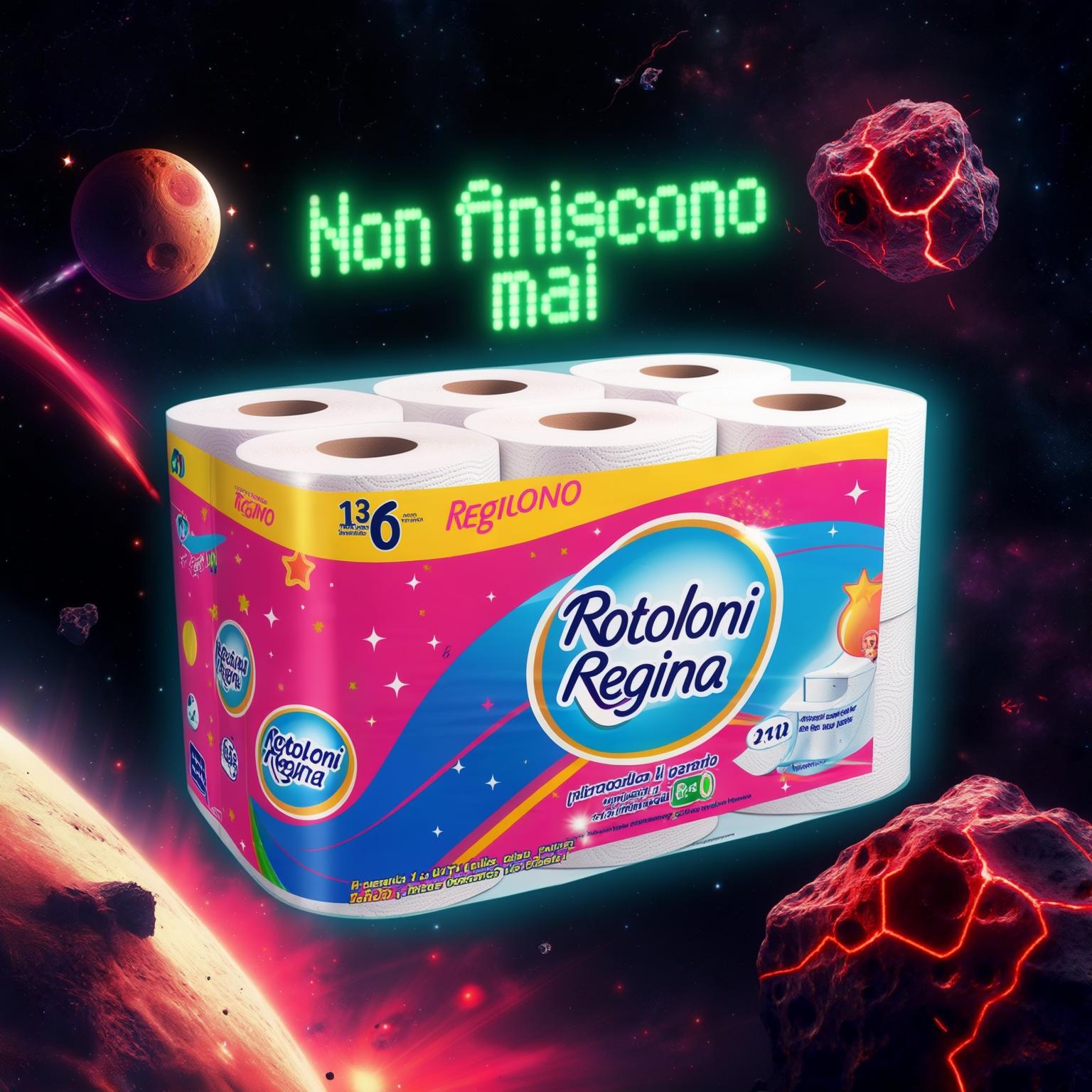 AI Image Generated by Luma Photon: A pack of 'Rotoloni Regina' toilet paper floating in outer space, with a glowing digital text overlay reading 'Non finiscono mai' (They never end). The packaging is colorful, with shades of pink, blue, and yellow, featuring a prominent brand logo and product description in Italian. The background consists of a cosmic scene with planets, stars, and an asteroid with glowing red-hot cracks passing by. The lighting is vibrant, with a sci-fi aesthetic, glowing neon elements, and a cinematic perspective. The image should have a surreal yet humorous advertisement style, with a futuristic commercial feel similar to high-budget product advertisements. The typography of the digital text should mimic a retro-futuristic green LED display. High resolution, sharp details, and realistic textures are key to making the product stand out.