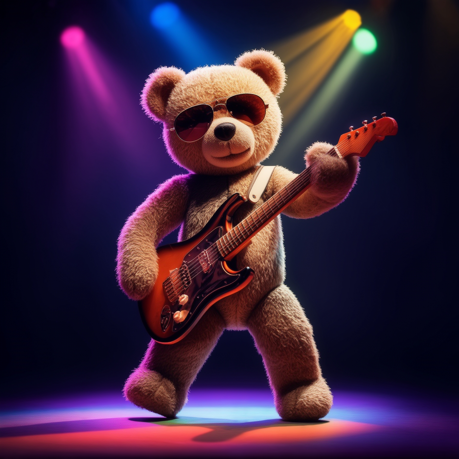 AI Image Generated by Luma Photon: A teddy bear in sunglasses playing electric guitar and dancing