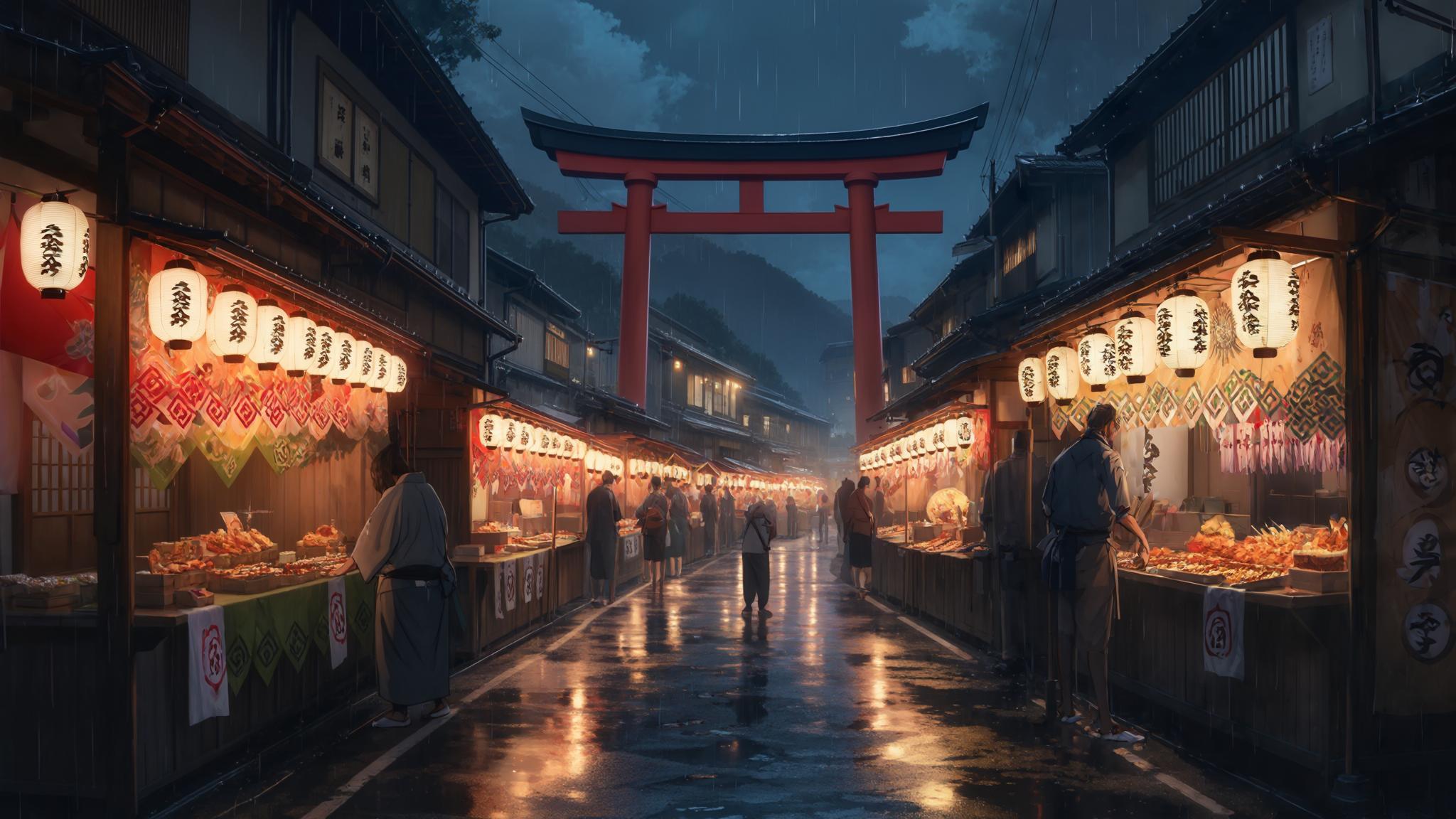 AI Image Generated by Luma Photon: A realistic, high-resolution night scene of a traditional Japanese matsuri festival. Lanterns glowing warmly, colorful paper decorations, wooden stalls with traditional food items, and a shrine gate (torii) in the background. No people. Streets slightly wet as if it just rained. Authentic Japanese atmosphere with soft lighting and detailed textures.