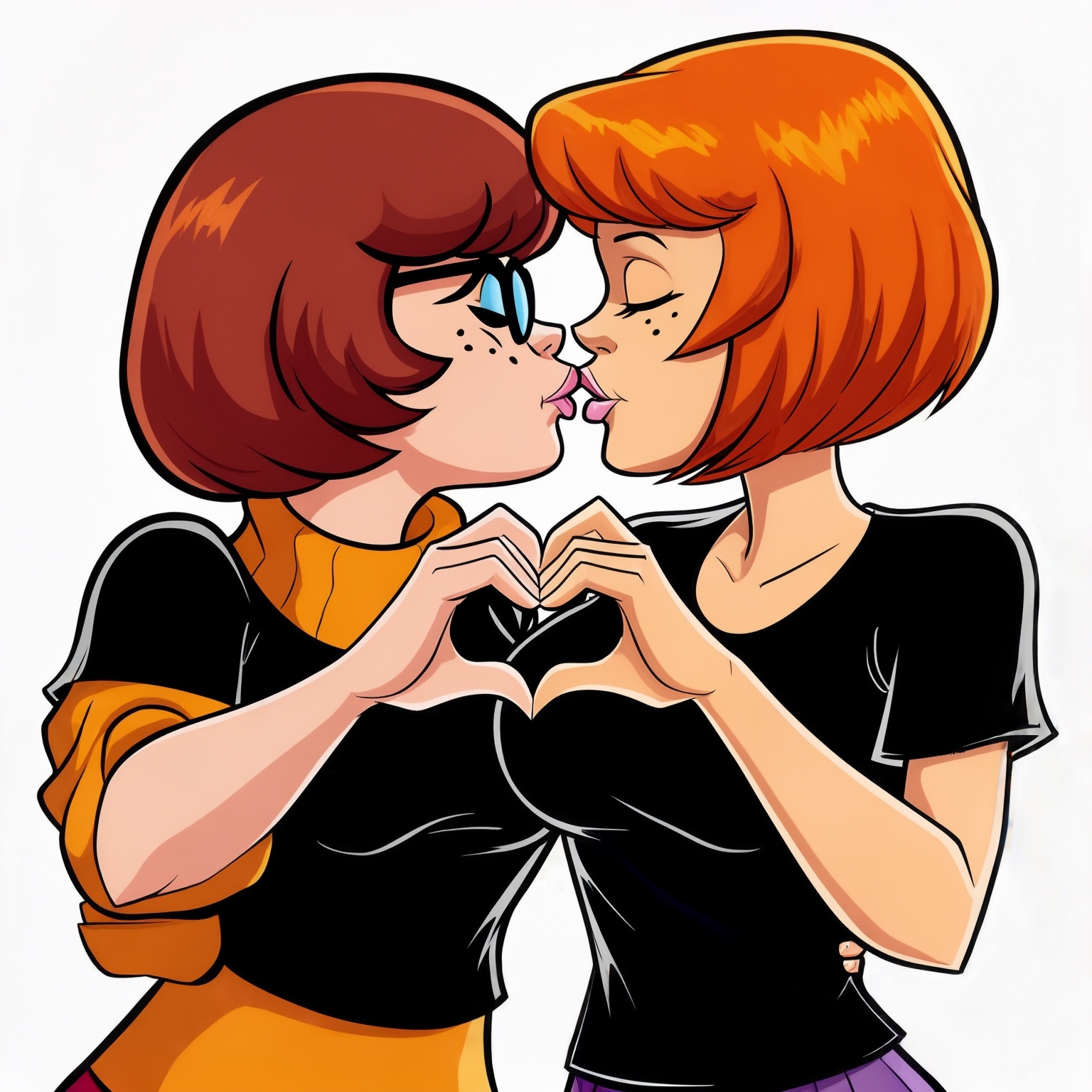 AI Image Generated by Luma Photon: Lesbiennes  en t-shirt noir velma dinkley et Daphne Blake faire un cœur avc leur deux mains être amoureuse et resté amoureuse pour toujours et s'embrasser sur la bouche dessin drawing Scooby-doo woo are you hanna-barbera